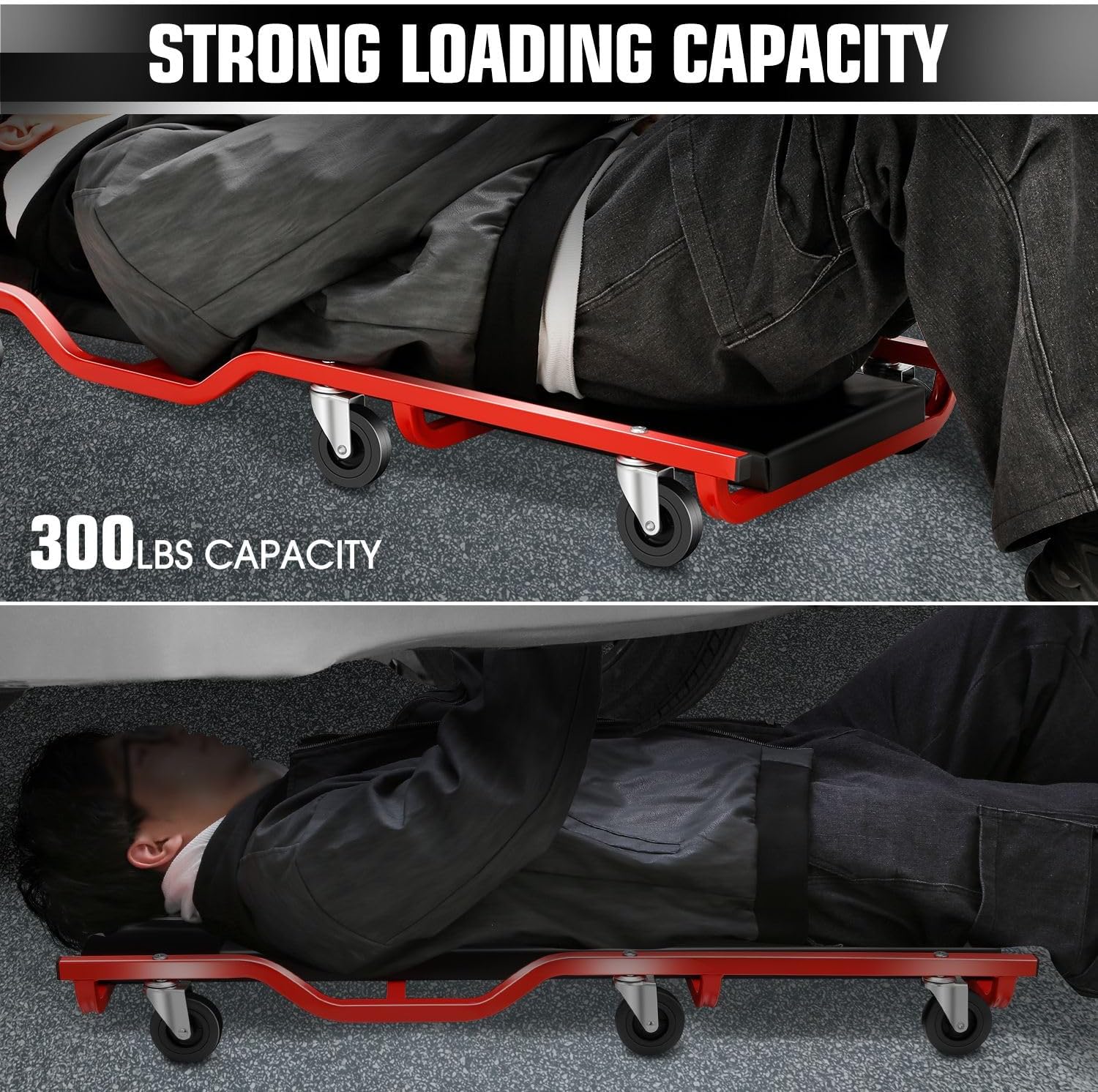 DNA Motoring 40inch Low Profile Plastic Rolling Garage Shop Creeper, Heavy Duty Creeper for Garage, Warehouse, Car Repair Shop, TOOLS-00638-BK-RD