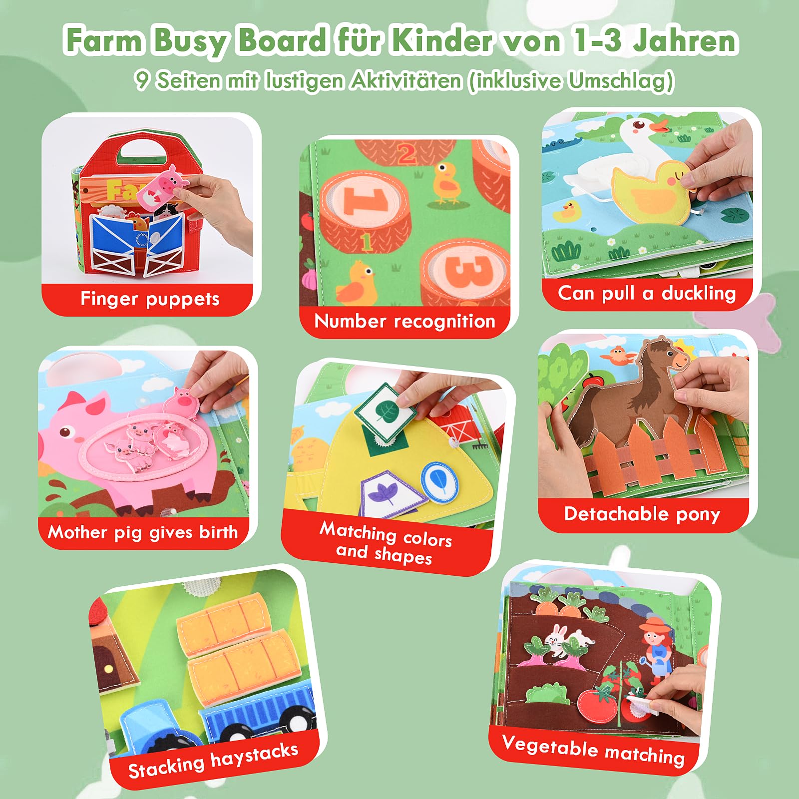 Gerbala Libro Montessori Interattivo 1 Anno, Quiet Book Sensoriale Educativo Giochi,Busy Board Regalo Bimbo Bimba, Regali per Ragazze e Ragazzi (A)