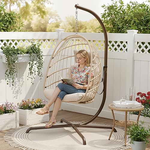 Miniatura 3 de Silla colgante de huevo, de mimbre y ratán, cojines resistentes a los rayos ultravioleta, capacidad de 350 libras, para dormitorio, balcón, patio