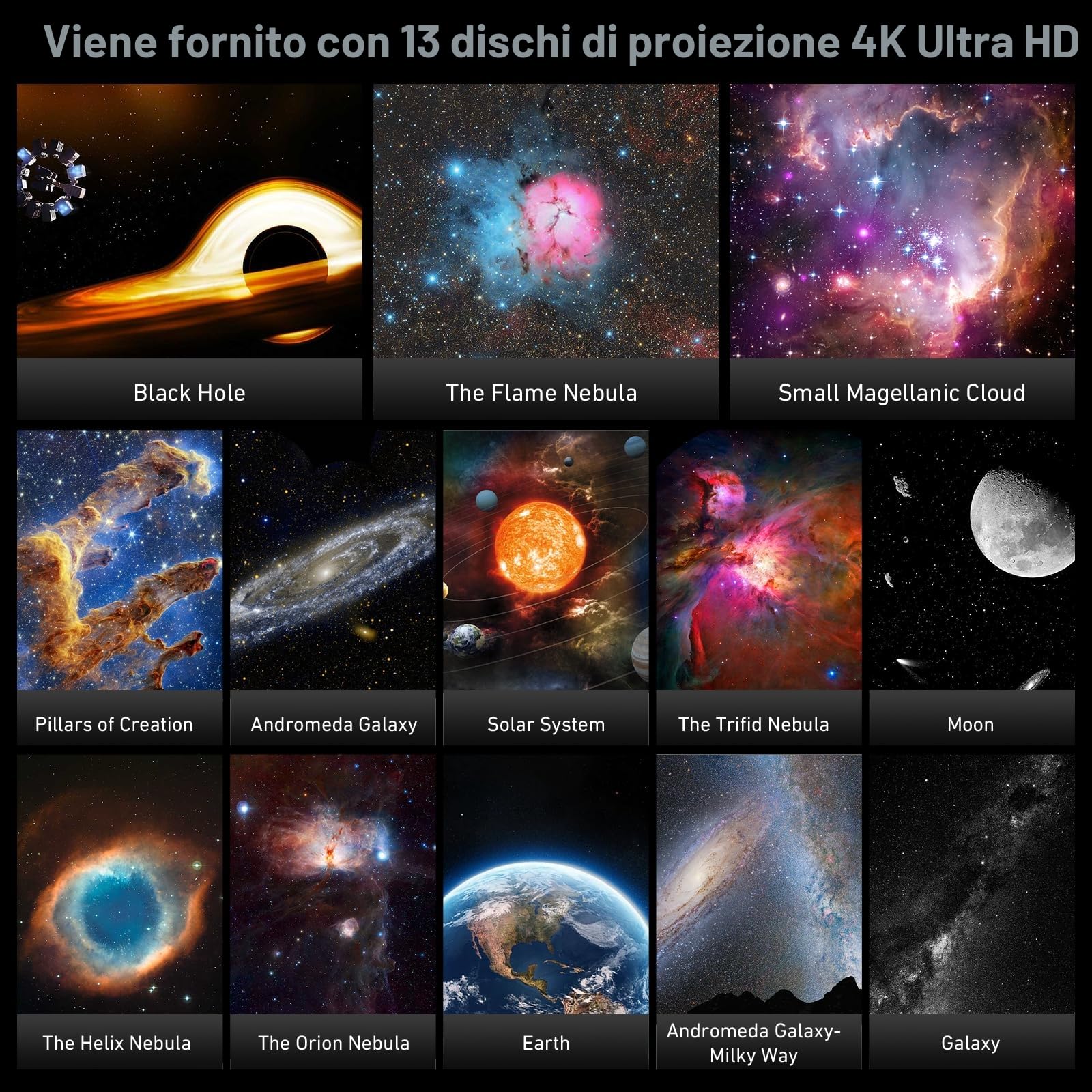 CUTEEEE Proiettore Stelle Soffitto Bambini e Adulti – Proiettore Planetario con 13 Dischi: Luna, Sistema Solare, Nebulose – Lampada Cielo Stellato con Timer e Angolo Regolabile a 360°