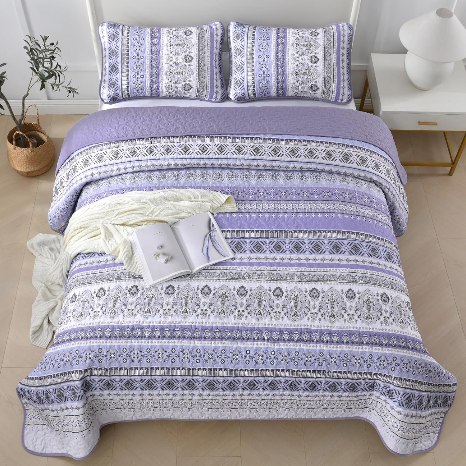 Goodidea Lilac Boho Quilt Set Queen Size, 3 Piece Light Purple Bohemian Striped Bedspread Coverlet Set with 2 Pillow Cases Lightweight Soft Microfiber Bedding Set for All Seasons (96"x90") - Image 7