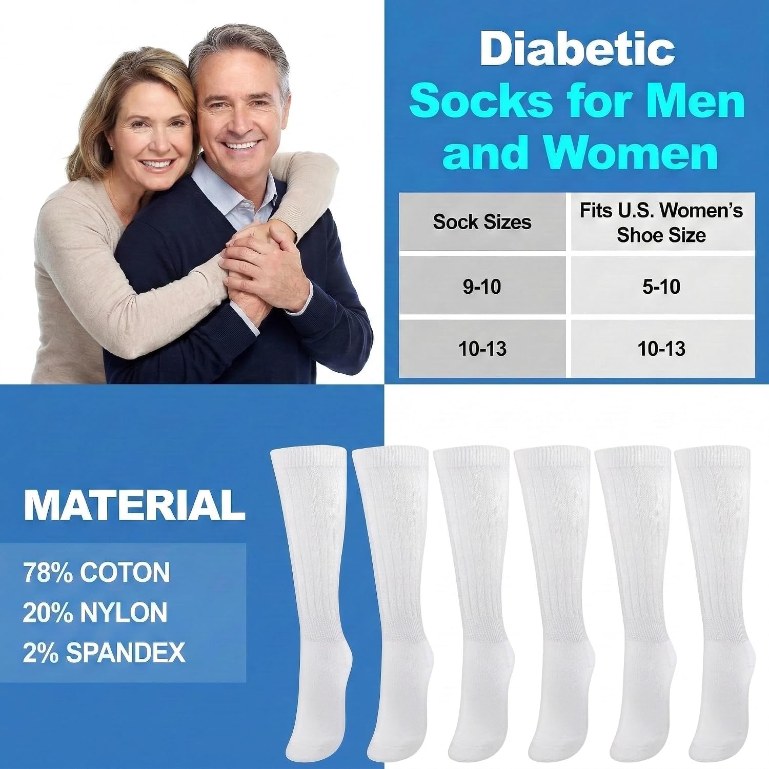 6 Pairs Womens Diabetic Socks, Soft Womens Crew Socks, Wide Calf Compression Socks for Edema and Circulation, One Size, White