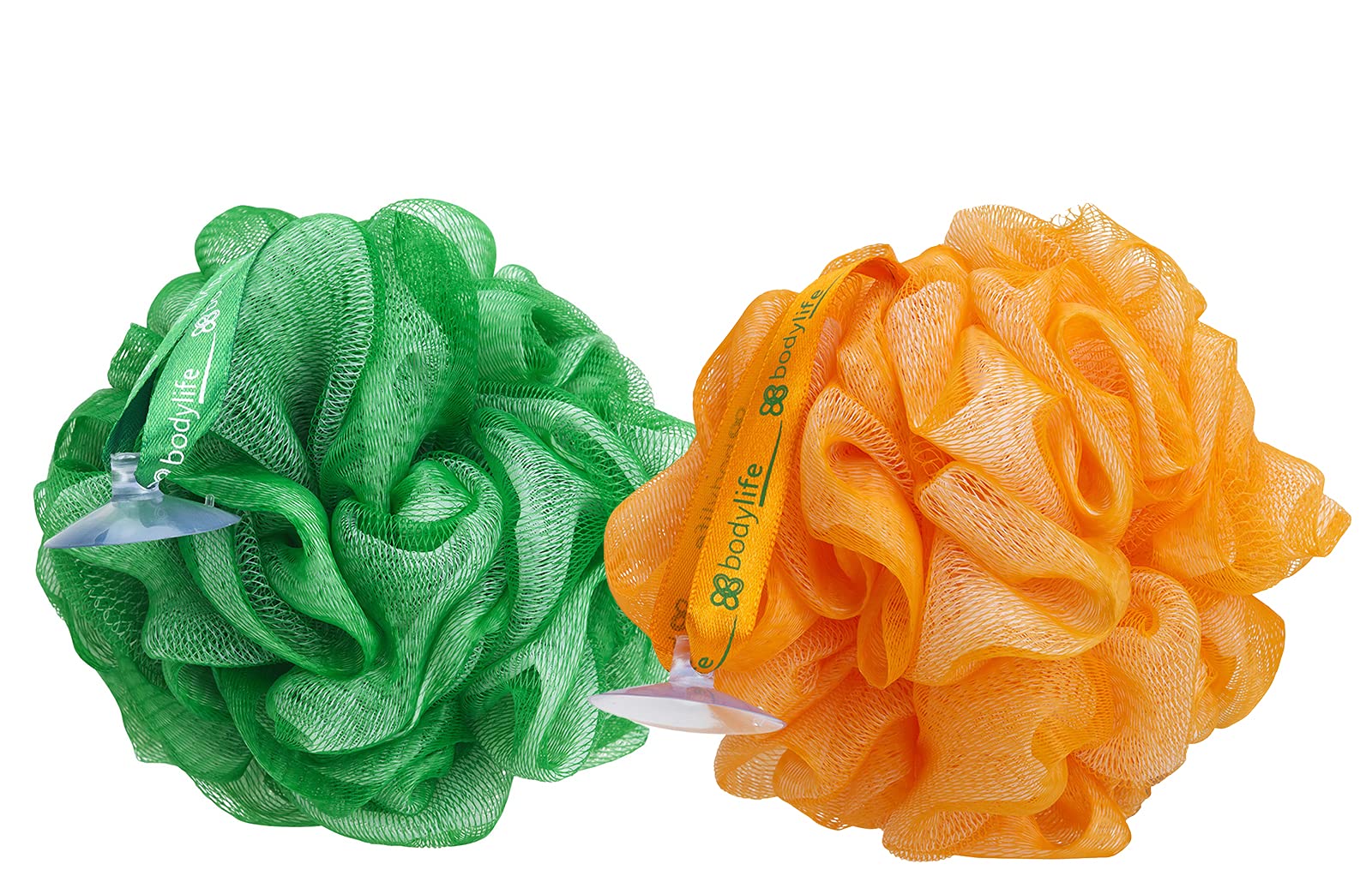 Bodylife Exfoliating Bath & Shower Body Puff/Scrunchie/Buffer Orange & Forest Green 55g Twin Pack