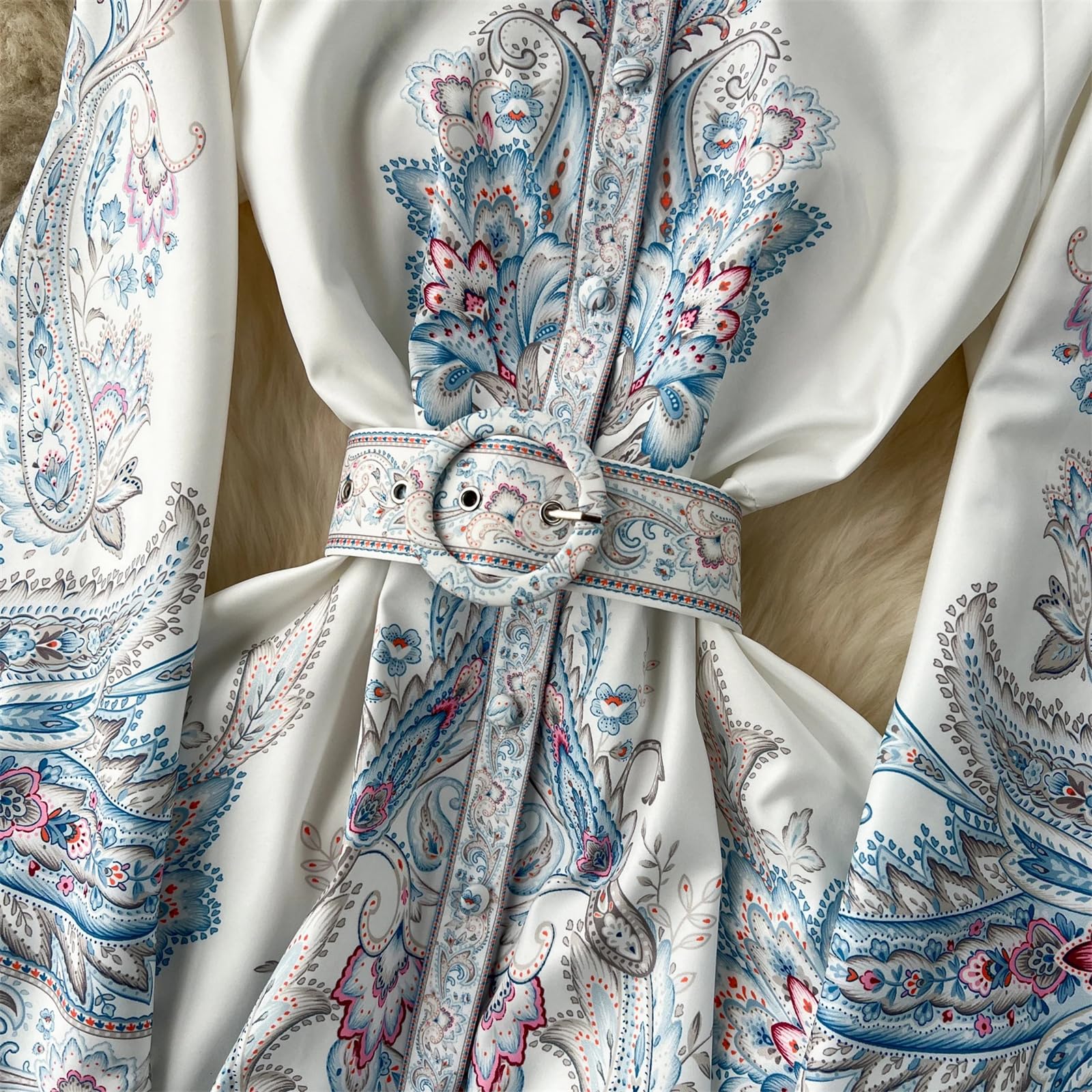 Abito Lungo Elegante da Donna con Stampa Slim A Vita Alta, Collo alla Coreana, Manica Svasata, Vita Alta, Slim