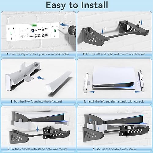 Vista 4 de Kit de montaje en pared para PS5 horizontal, soporte de pared para PS5 horizontal para PS5 Disc y Digital, accesorios PS5, soporte de base flotante