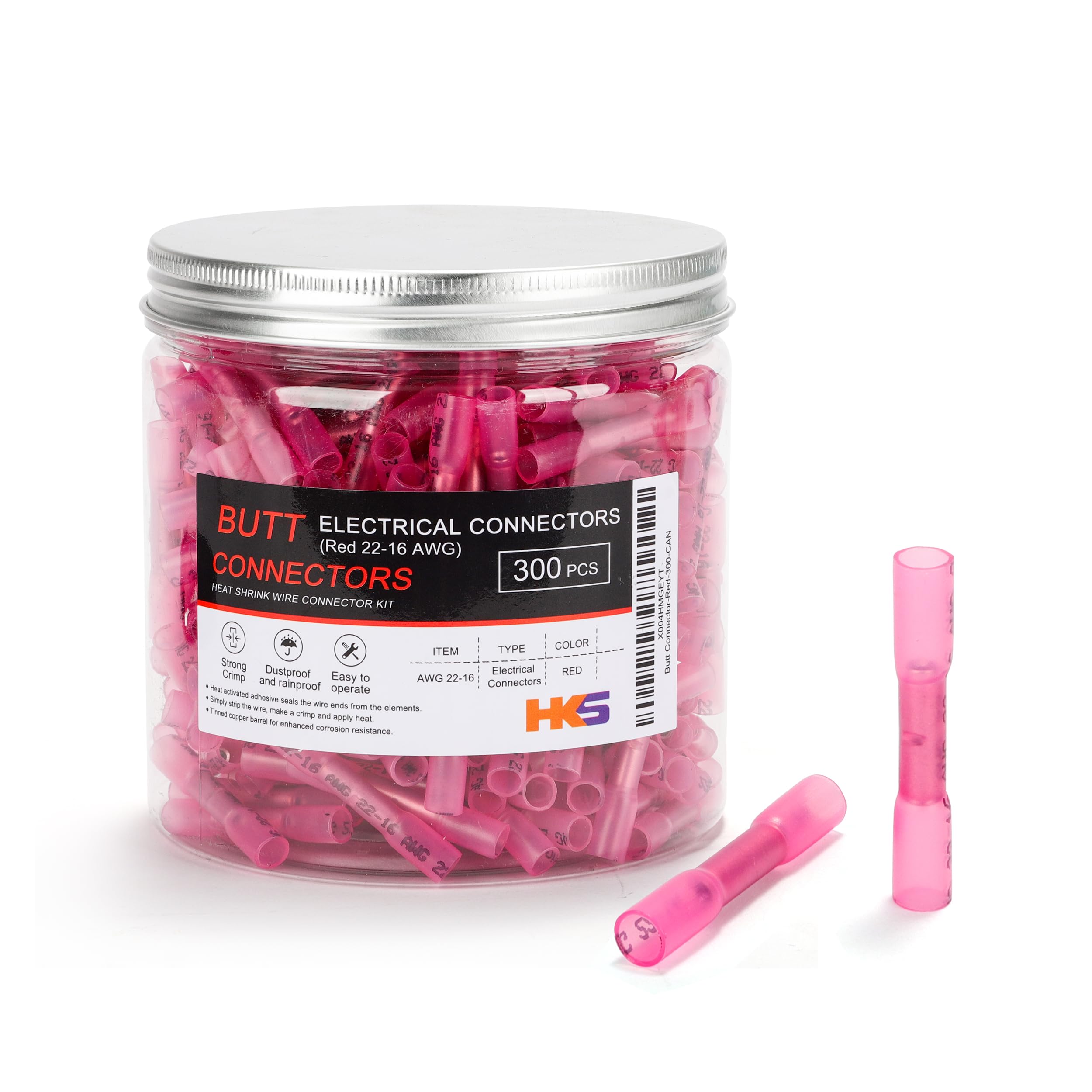 HKS Red 300 PCS Heat Shrink Butt Connector 22-16 AWG - Electrical Connectors - Tinned Red Copper 0.8mm - Automotive Marine Stereo Boat Crimp -