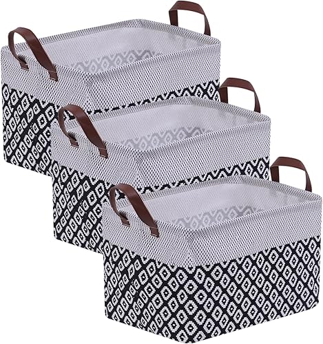 Miniatura 1 de MAQIAO 3 cestas de almacenamiento para estantes, contenedores de almacenamiento rectangulares con asas, cesta de lona plegable con revestimiento de