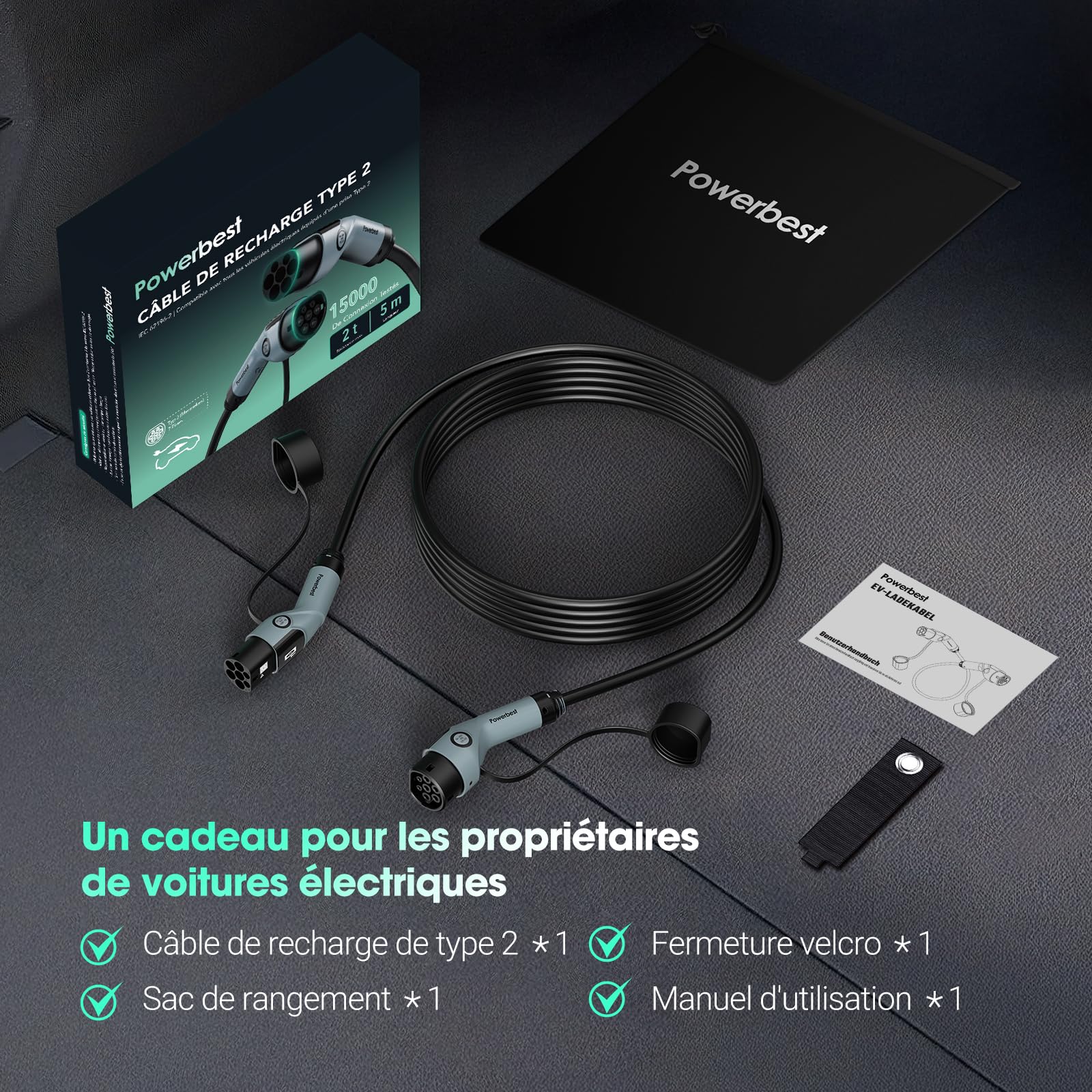 Type 2 Câble de Charge, 22KW 5M 32A Voiture Électrique Triphasé | Type 2 à Type 2 EV/PHEV Câble pour modèles S/3/X/Y, ID.3, I3