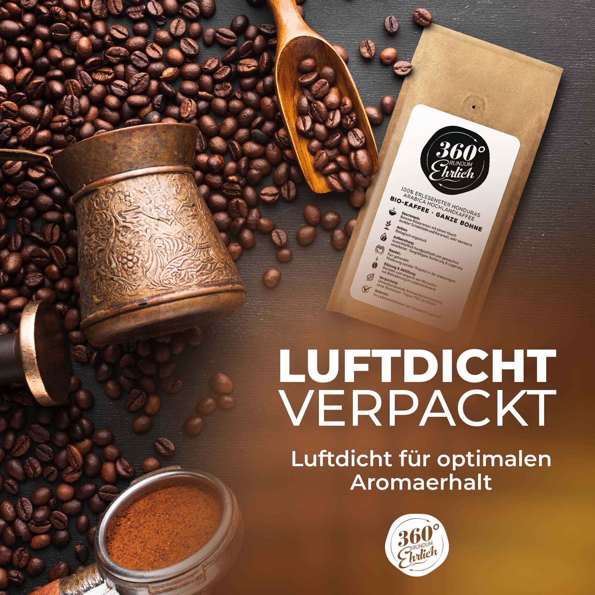 360° rundum ehrlich kawa premium, 100% płaskowyż z Hondurasu, całe ziarna Arabica, ekologiczna uprawa, fair-trade, idealna do kawy Bulletproof Coffee 250g