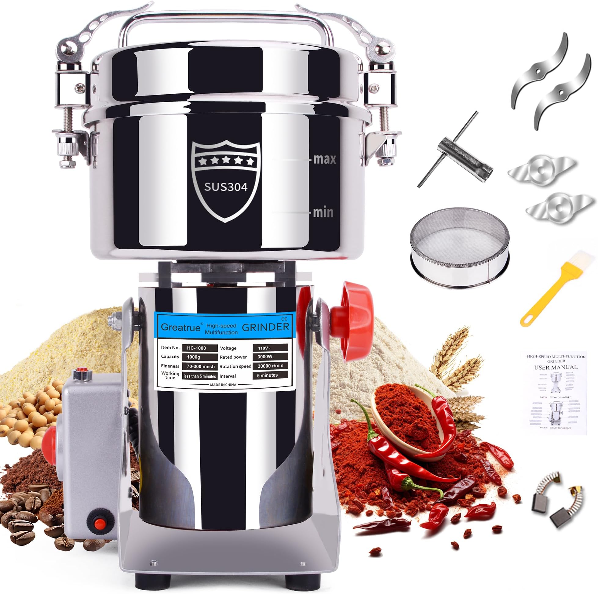 Grain Mill Grinder Electric (1000g Swing Type+304 Stainless Steel)