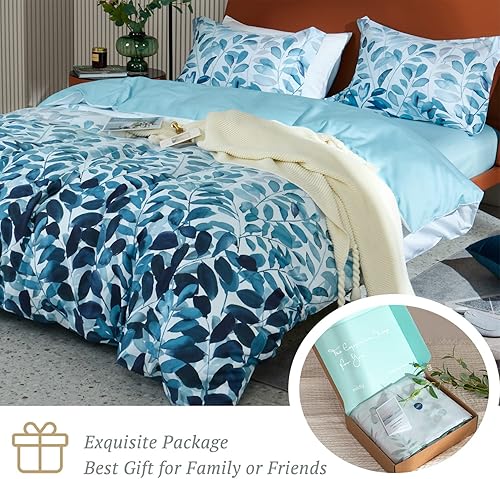 Miniatura 7 de MILDLY Juego de funda de edredón 100% algodón de fibra larga, estampado de hojas azules, con cierre de cremallera y lazos en las esquinas, juego de