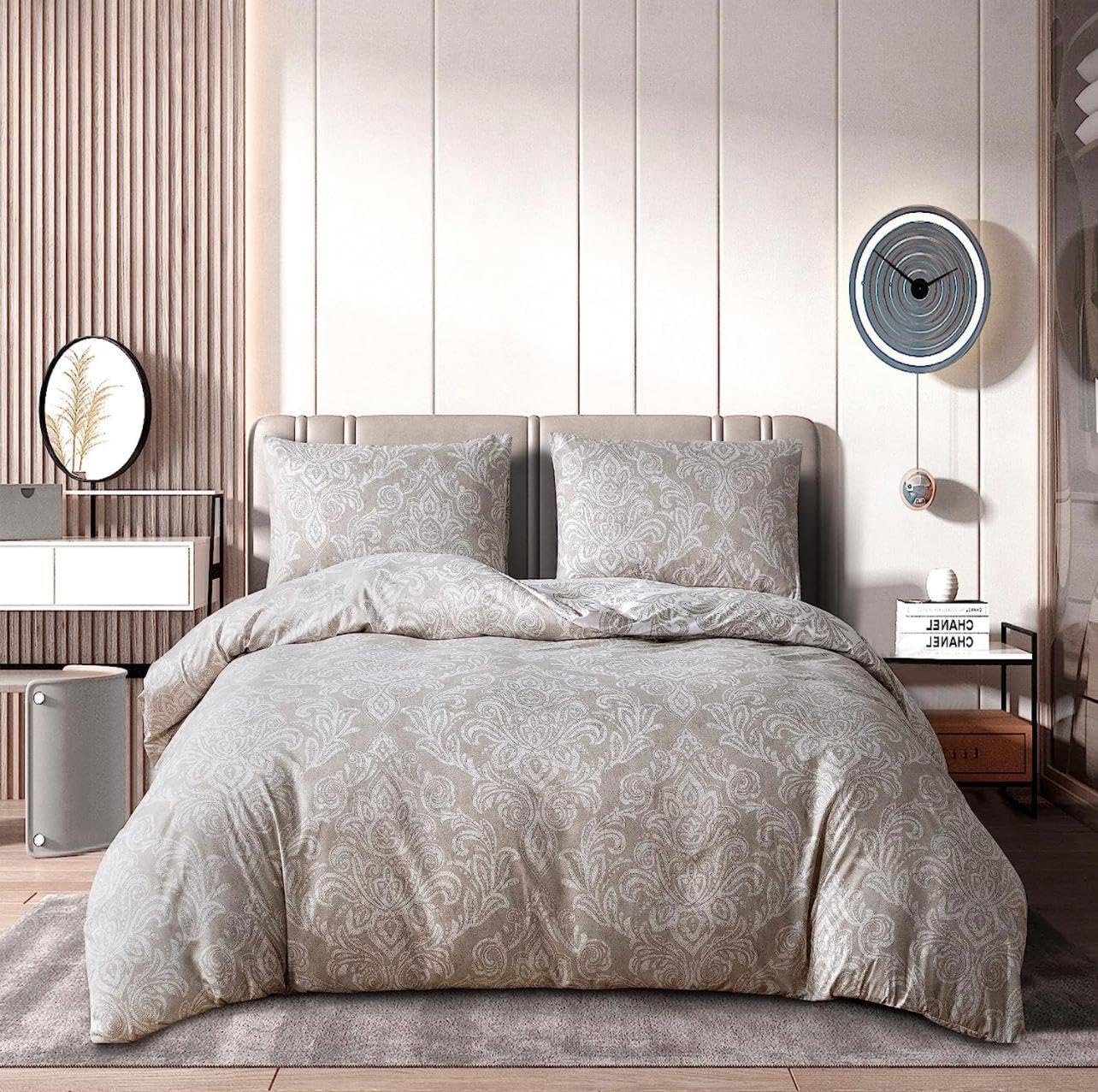 Duvet Cover Set 3 Piece Quilt Cover Bedding Set With Pillow Cases Single,Double,King & Super King Size (Damask Beige, Double) โ image 1