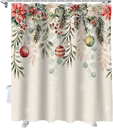 zzsunfeel Juego de cortinas de ducha impermeables con 12 ganchos, bolas de Navidad de flor de pascua roja, hojas de Navidad, vintage, 72 x 72