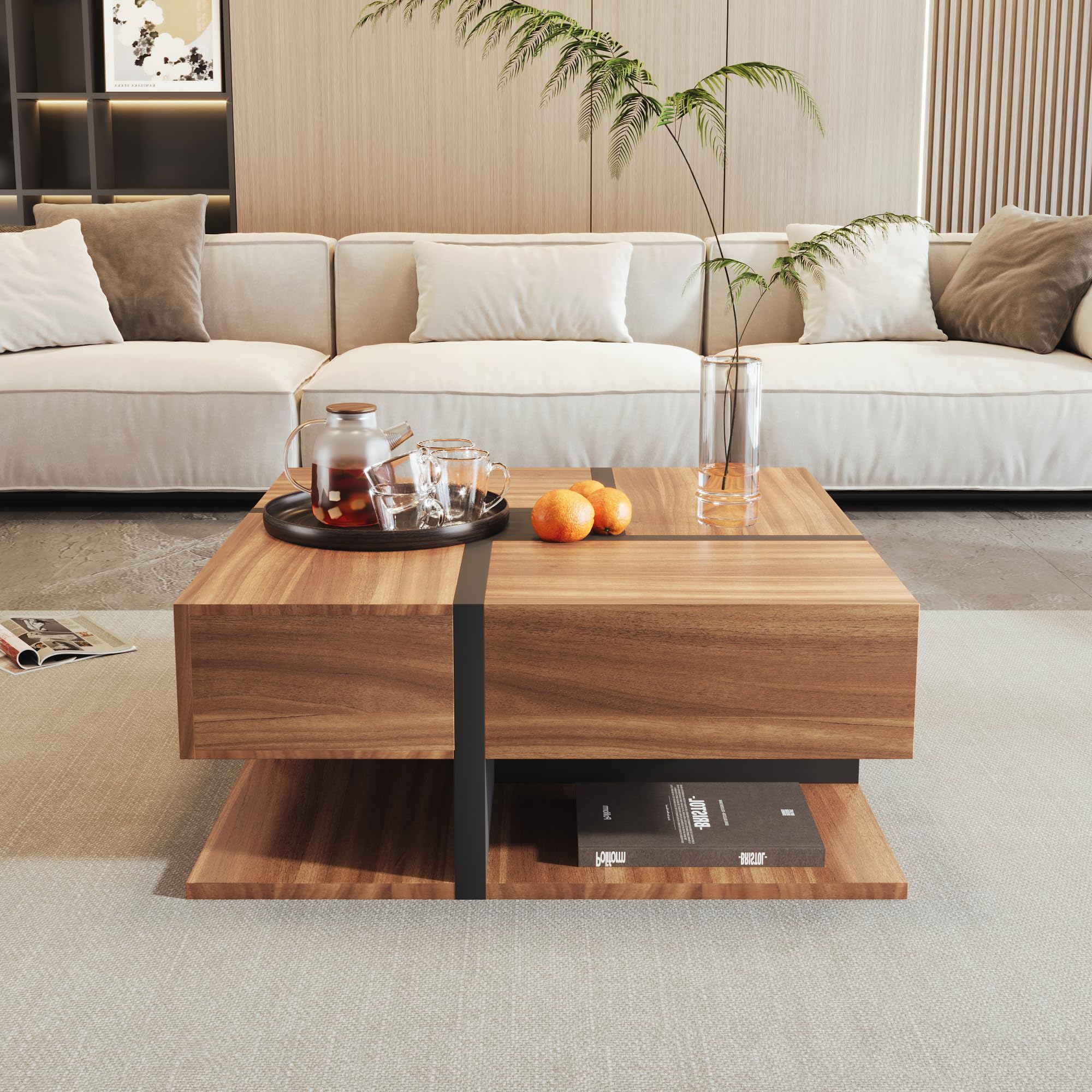 Merax Coffee Table with 4 Drawers, Wood Coffee Table with Unique Color Matching and Storage Space at The Bottom, 78 * 78 * 36cm — image 1