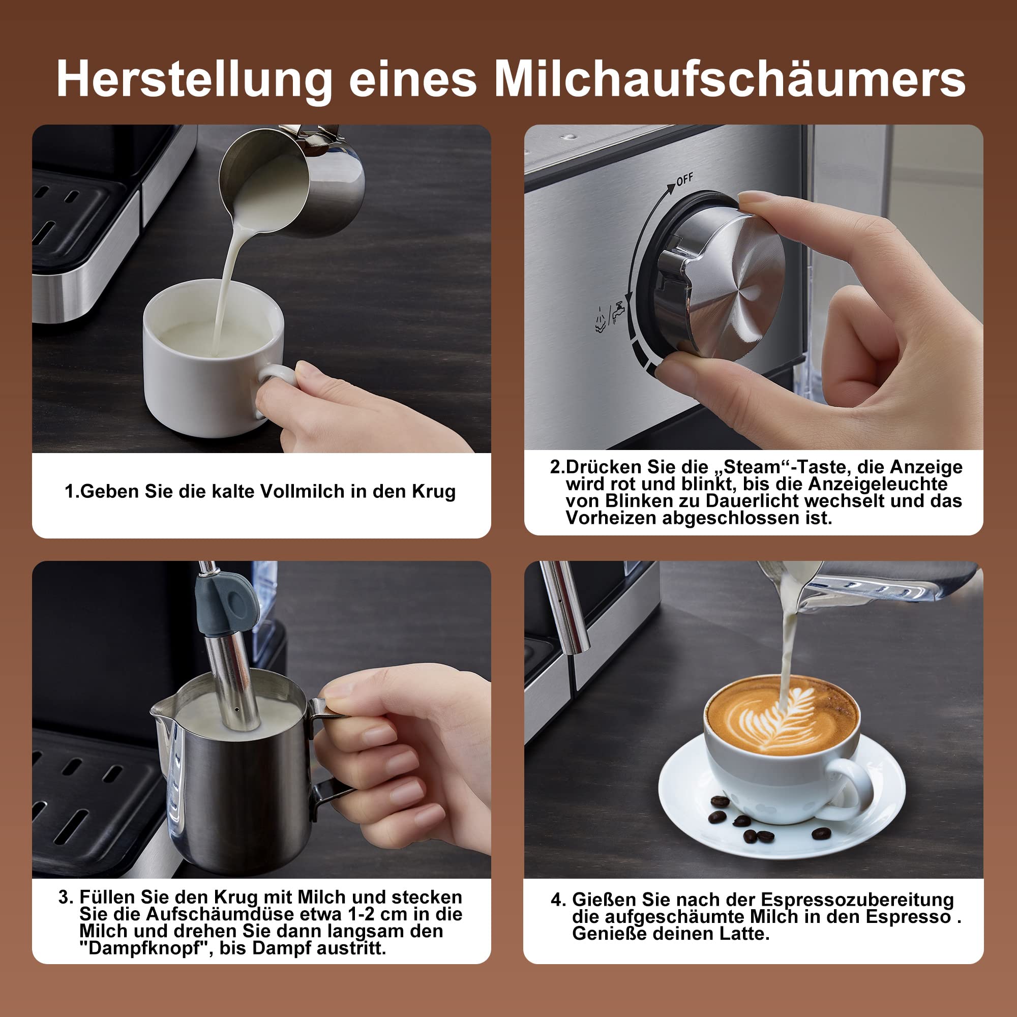 Biolomix Espressomaschine Siebträgermaschine 20 Bar,Filterhalter mit Doppelauslauf,Milchaufschäumdüse,abnehmbarer Wassertank, für 1-2 Tassen,Espresso,Cappuccino und Latte Machiato