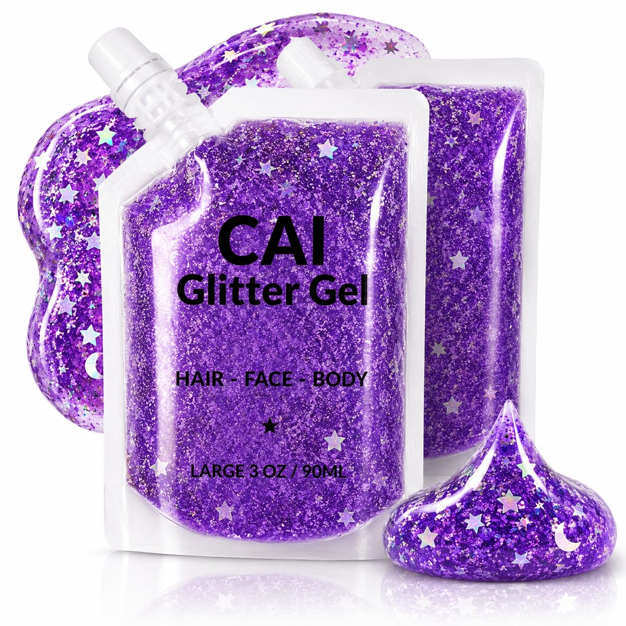 Body Glitter Gel- Face, Body & Hair (2 Pk Violet/Violet) Chunky Iridescent Holograph Stars & Moon, 6 oz | Cosmetic-Grade Makeup, Apply Without Glue, Easy to Take Off & Keep Skin Clean at Raves