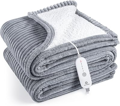 Review Electric Heated Throw Blanket, Machine Washable Flannel Sherpa Throw Blanket for Couch & Bed, Soft Ribbed Fast Heating Electric Blanket with 5 Heating Levels , 50″x60″, Grey