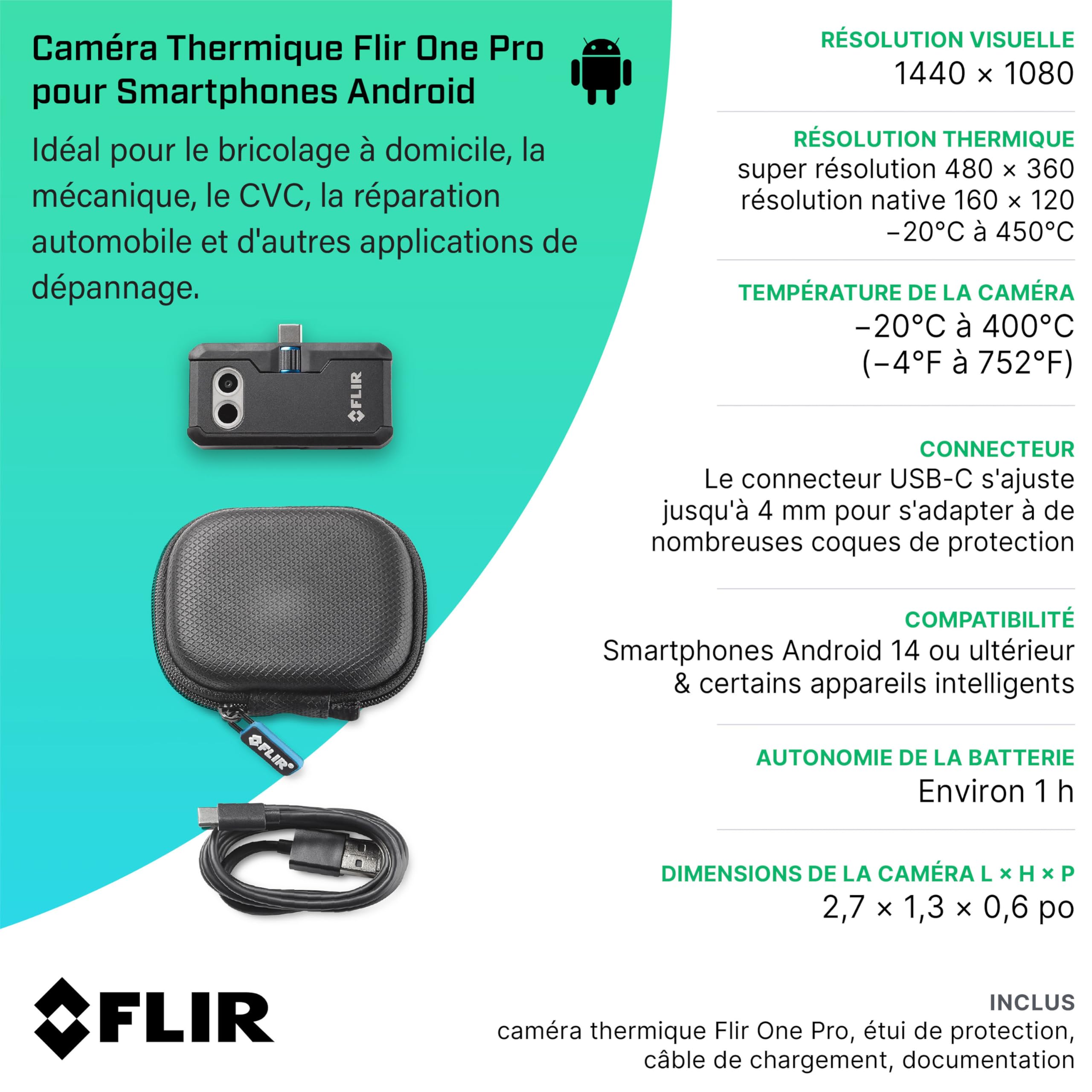 Flir One Pro - Caméra Thermique pour Smartphones Android (USB-C), Super résolution 480x360 (160x120 IR natif)