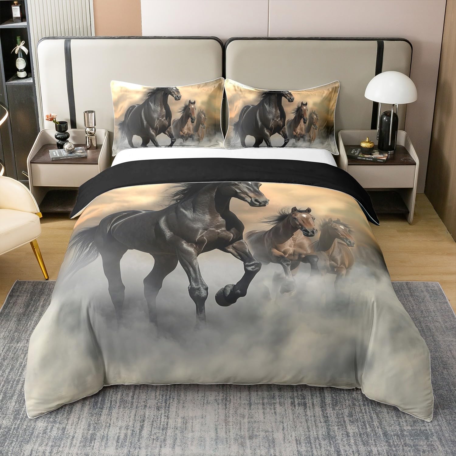 Funda nórdica de caballo de 220 x 240 cm, 100% algodón, juego de cama de caballo de carreras, juego de cama con estampado de animales de granja, para hombres, mujeres, adolescentes, niños, decoración