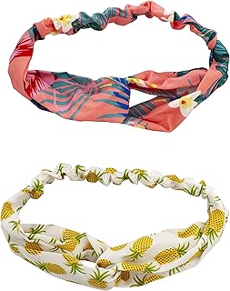 LUX ACCESSORIES Summer Fun Tropical Floral and Pineapple Print Stretch Headwrap Duo Set