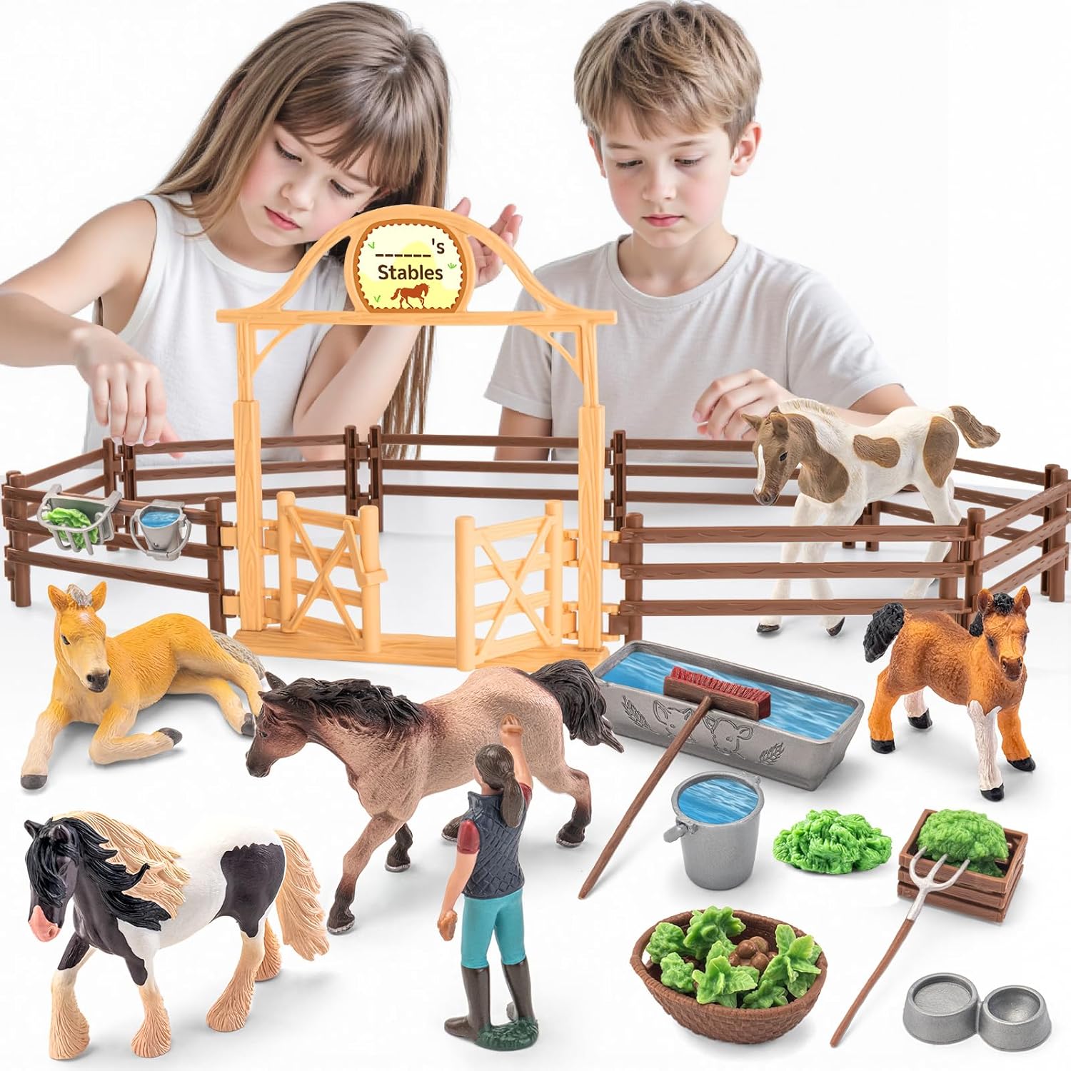 35 PCS Horses Toys Set for Kids, Solid Realistic Horse Stable Playset Barn Toys for Girls, Ideal Birthday Farm Animals Gift for Toddlers Horses Stable Playset