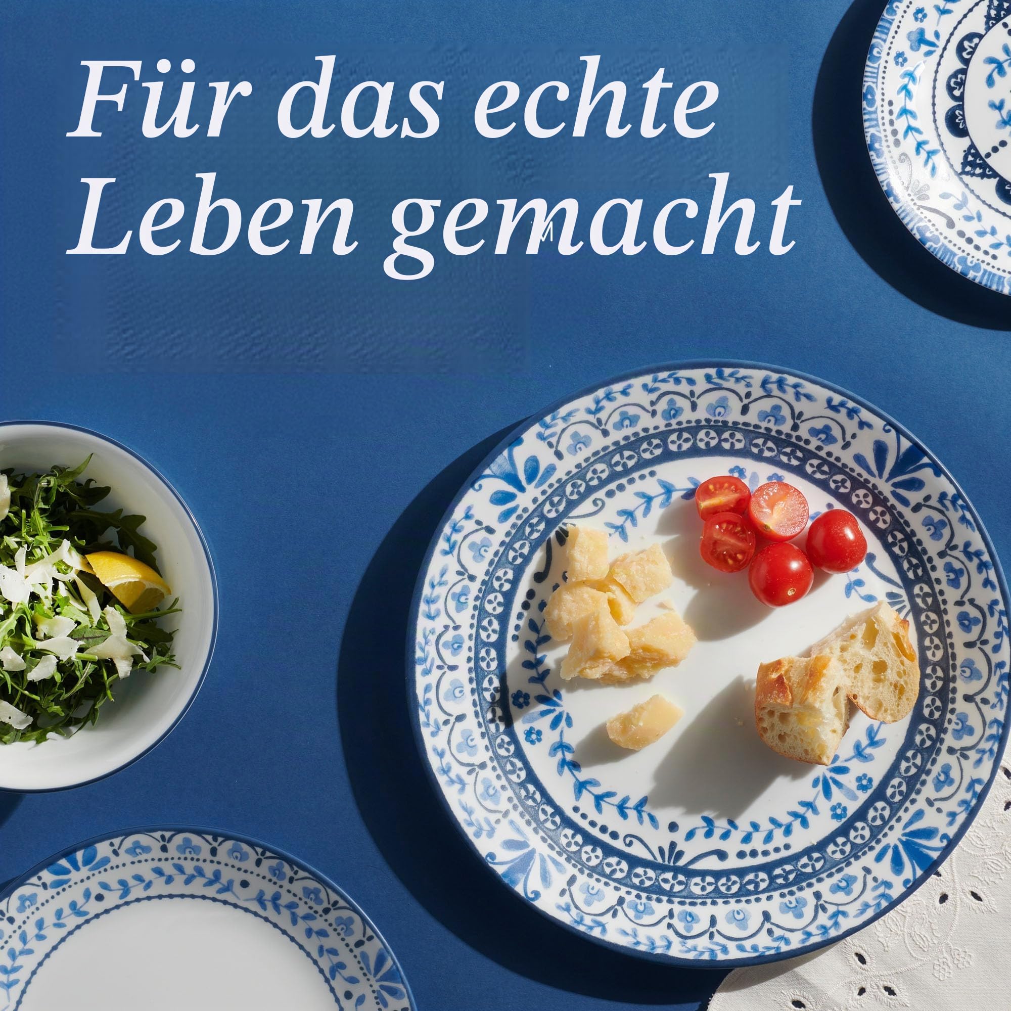 Corelle 18-teiliges Tafelservice Portofino, Blau und Weiß für 6 Personen, splitterfestes Geschirr, inklusive 26 cm Speiseteller, 17 cm Salat-/Beilagenteller und 530 ml Suppen-/Müslischalen