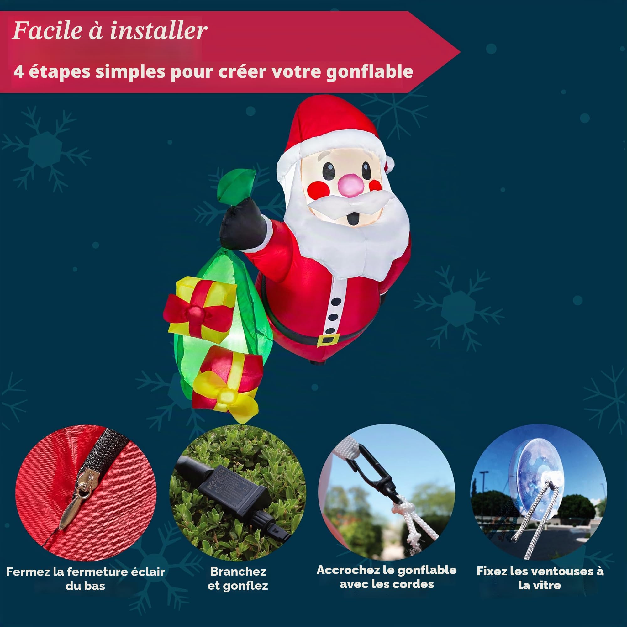 Joiedomi Père Noël Gonflable de 1,1 m de Haut avec Sacs Cadeaux sorti de la fenêtre, Gonflable avec LED intégrée pour décoration de fenêtre, fête de Noël en intérieur, extérieur, Cour, Jardin