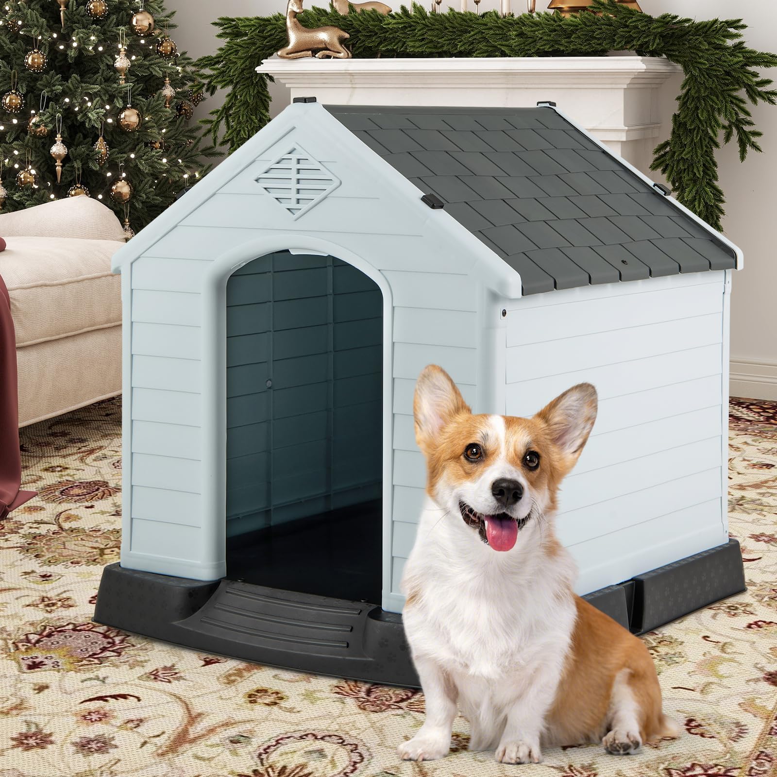 FANTASK Caseta para Perros de plástico para Exteriores, Cueva para Perros con Suelo Elevado y Techo Impermeable, para jardín, Interior y Exterior (70 x 65 x 71,5 cm, Gris)
