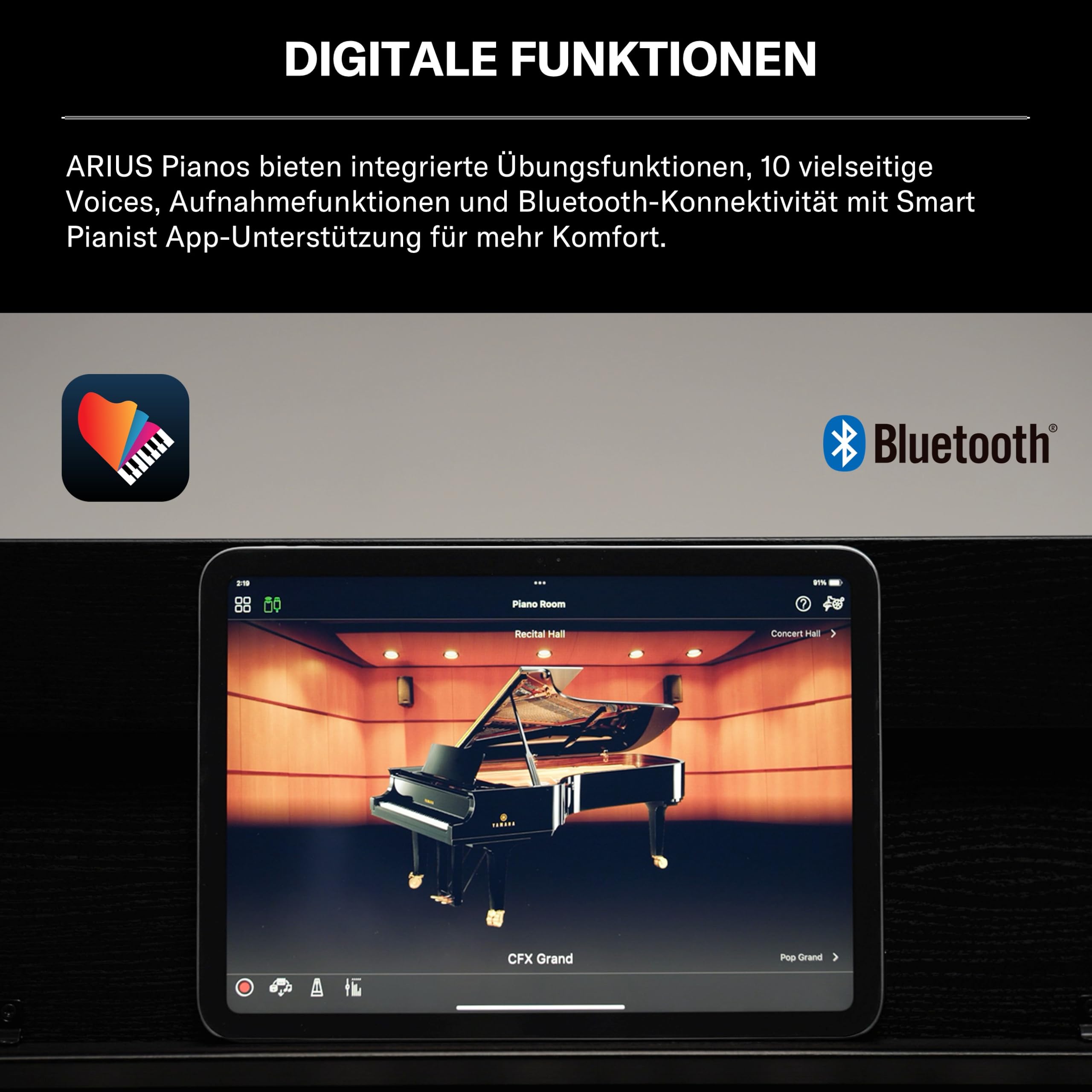 YAMAHA YDP-S36 Digitalpiano – 88 Gewichtete GHS-Tasten, CFX Concert Grand Sound, Schlankes Design, Bluetooth, 3 Pedale, Ideal für Zuhause & Anfänger – Schwarz