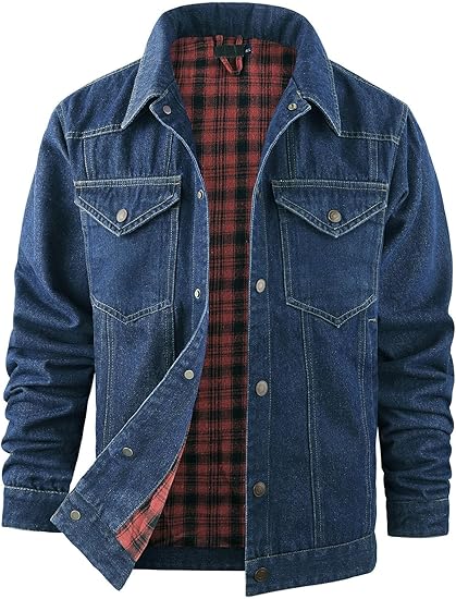Flygo Mens Flannel Lined Denim Jacket Snap Cowboy Cut Western Classic Slim Fit Vintage Heavy Duty Jacket Trucker Coat