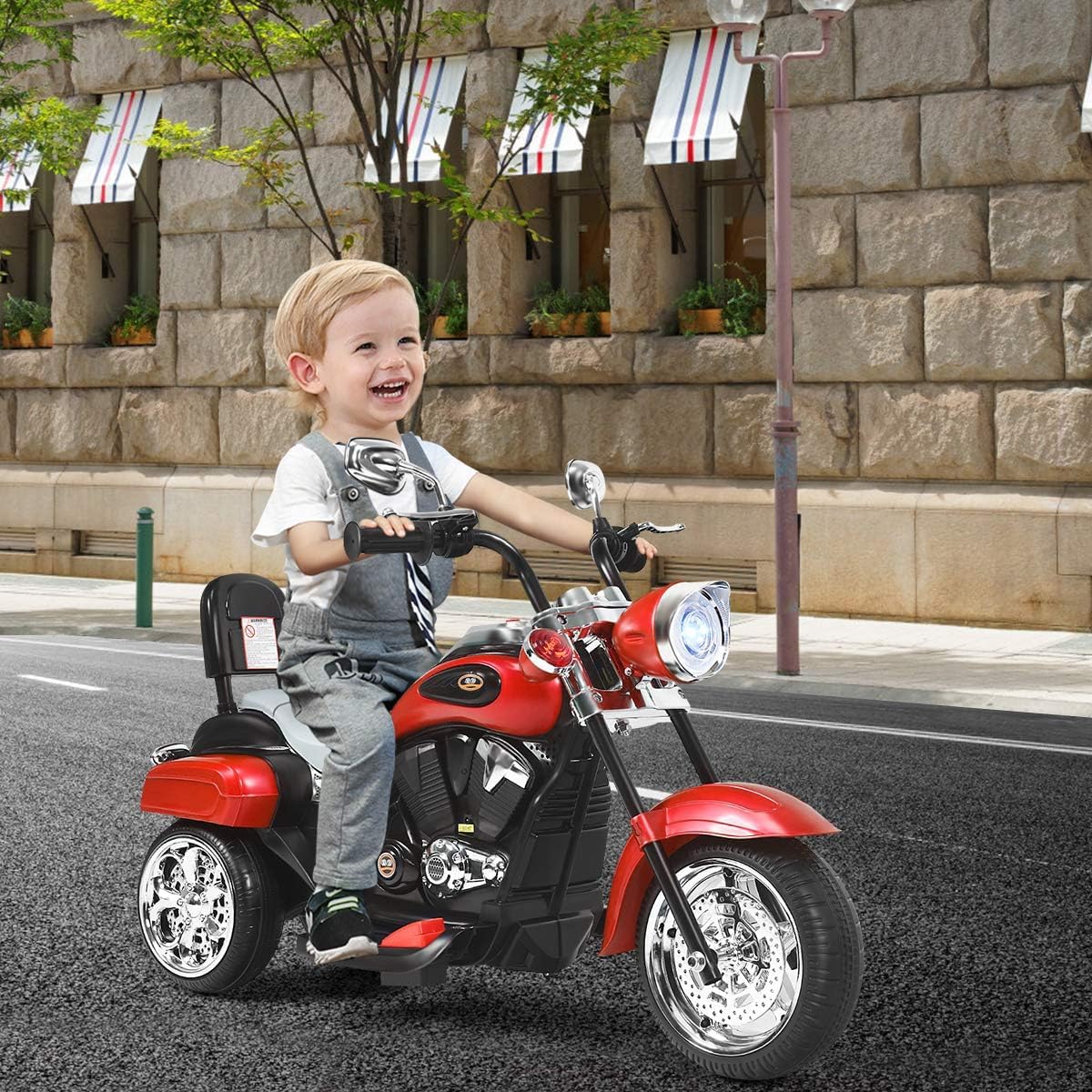 FANTASK 6V Elektro Motorrad Kinder 2,5-3 km/h, Geschwindigkeit KinderMotorrad mit verstellbaren Scheinwerfer Rot, Dreirad Elektromotorrad mit Sound, Hupe, Rückspiegel, Pedale