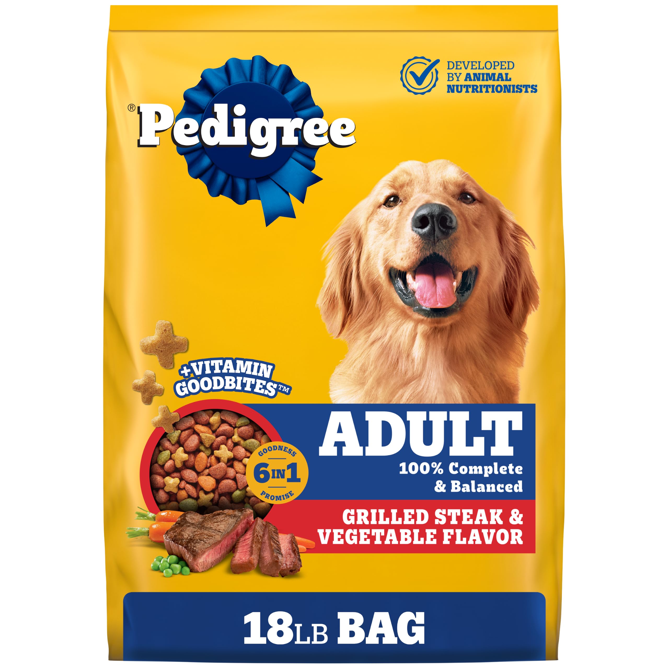 Pedigree Complete Nutrition Dry Dog Food, Steak & Vegetable, 18 lb | Nutrient boost, prebiotic fibers, 36 vitamins & minerals