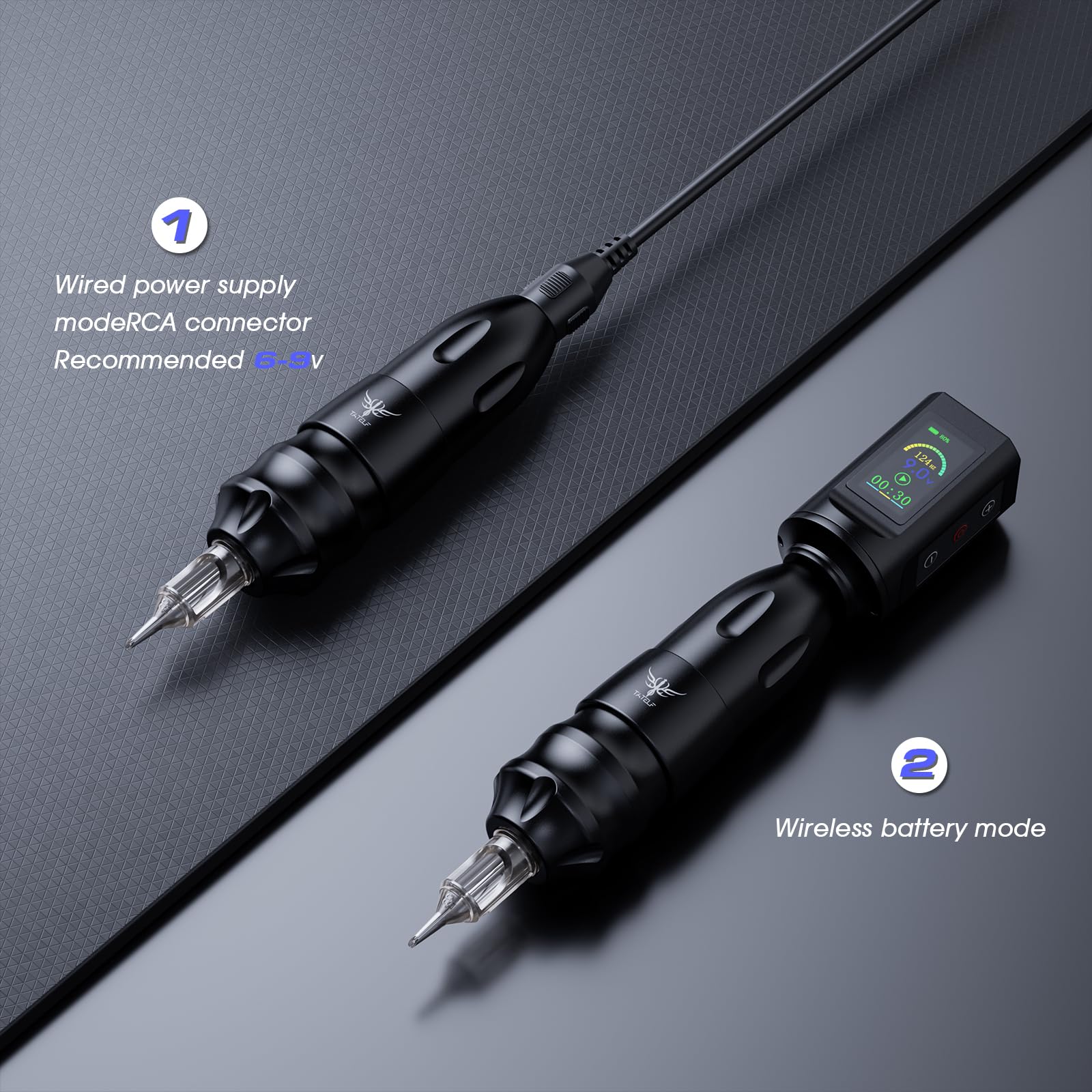 TATELF Kit Máquina Inalámbrica Bolígrafo Giratorio Batería RCA 1900mAh | 20 Agujas Cartucho, 10 Tintas, Accesorios Completos para Principiantes y Artistas Profesionales