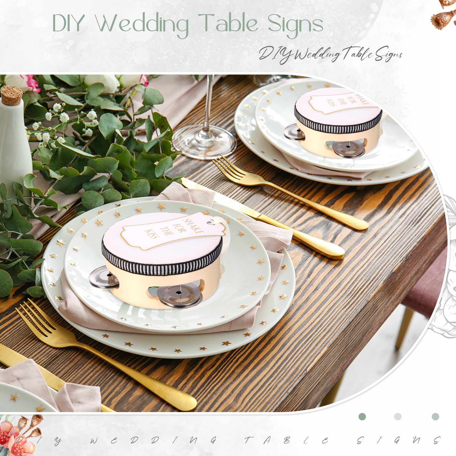 Set di 24 tamburelli da 15,2 cm per adulti, in legno, con sonagli in metallo, etichette regalo, nastro bianco stampato con scritta "I Love You", strumento musicale per chiesa, matrimoni,