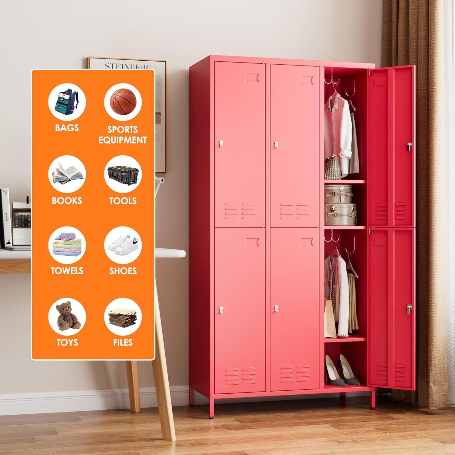 6 Doors Metal Lockers for Employees with 18 Hooks,Meta Storage Locker with Business Card Holder for School Office Gym Garage Home,Assembly Required,Red
