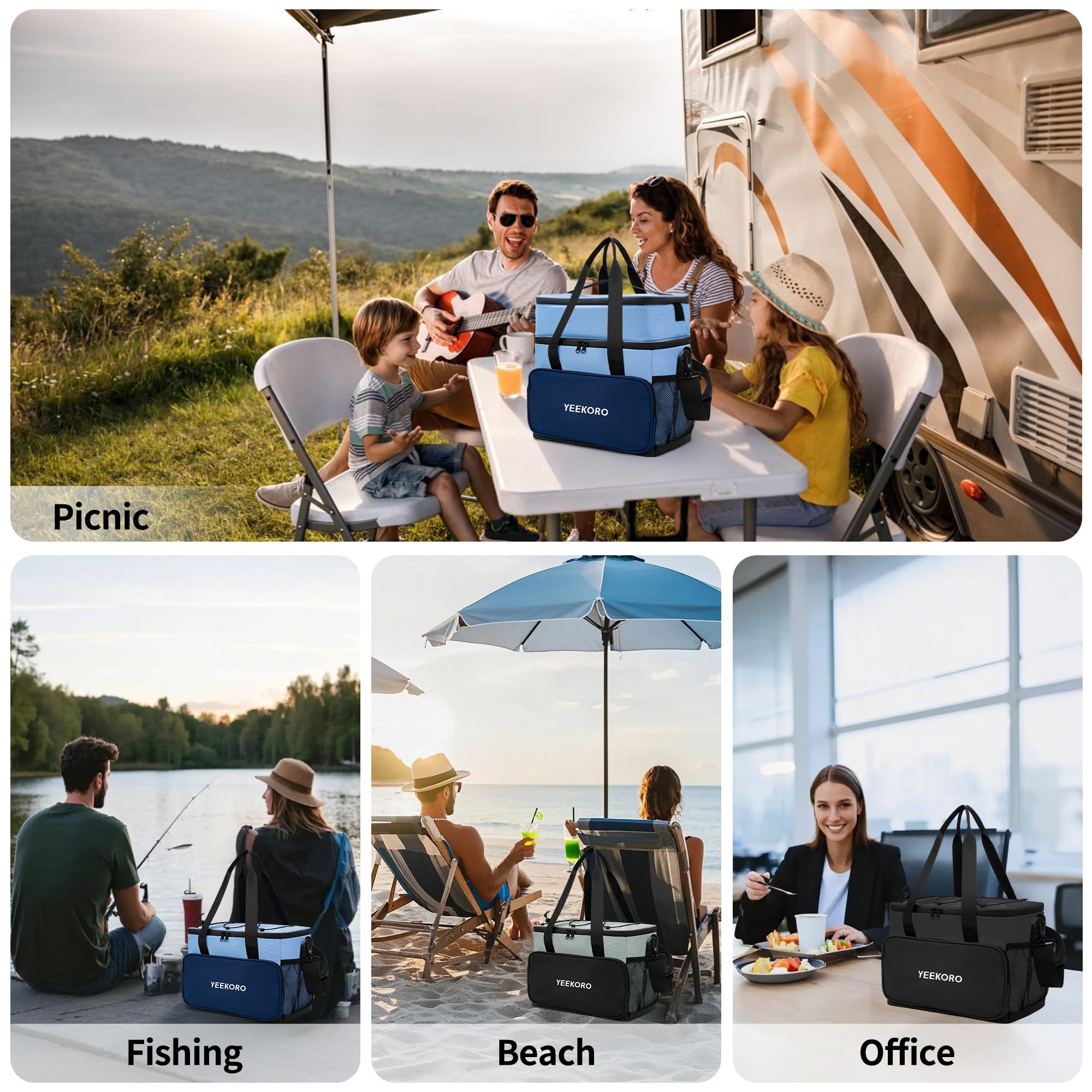 Borsa termica per il pranzo, doppia borsa termica con tracolla regolabile, per uomini e donne, a prova di perdite, ideale per lavoro, picnic, viaggi, turni di un giorno (blu)