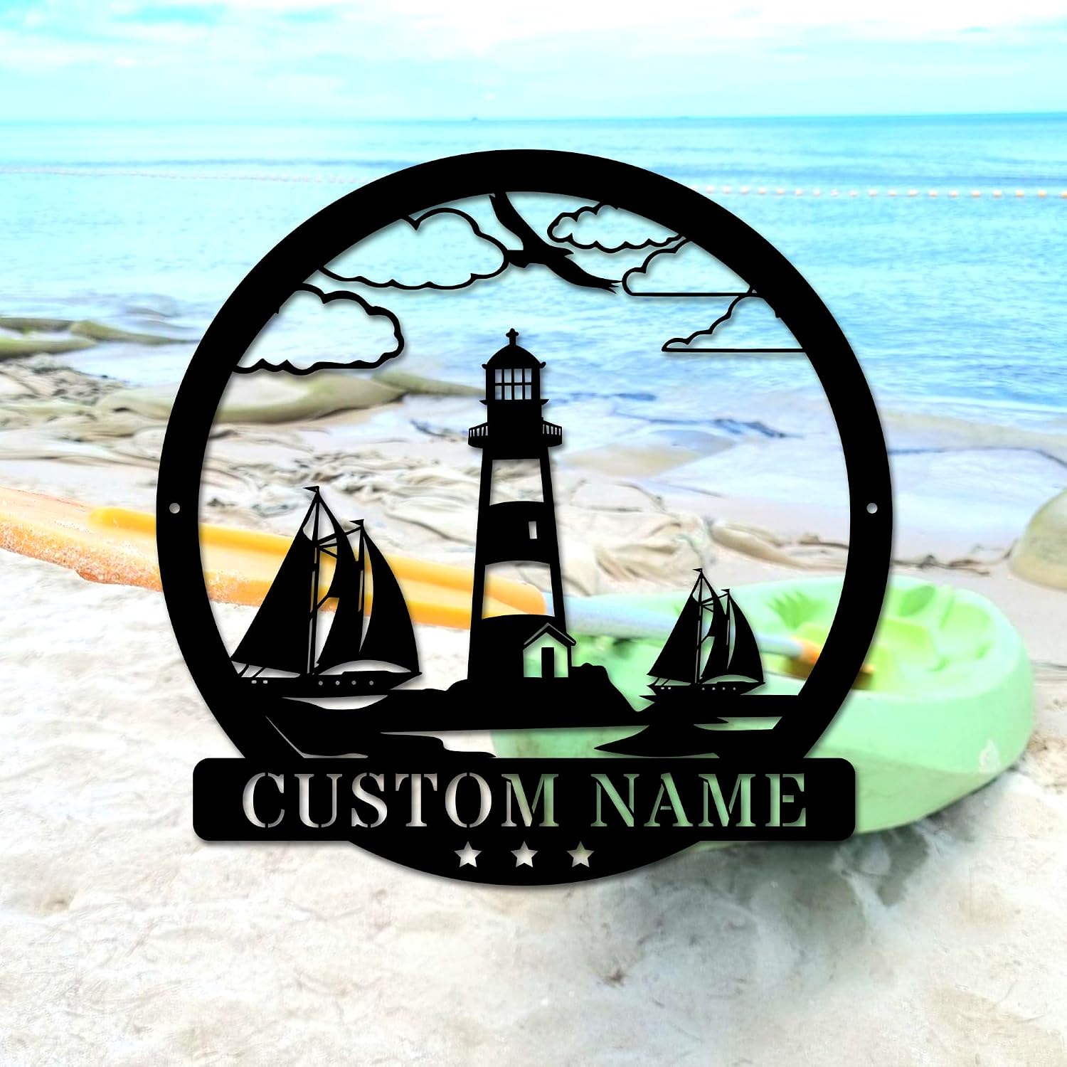 Personalized Lighthouse Metal Sign, Custom Seaside Boat Wall Sign with LED Lights - Coastal Metal Name Sign for Beach House Decor 84 Model-01