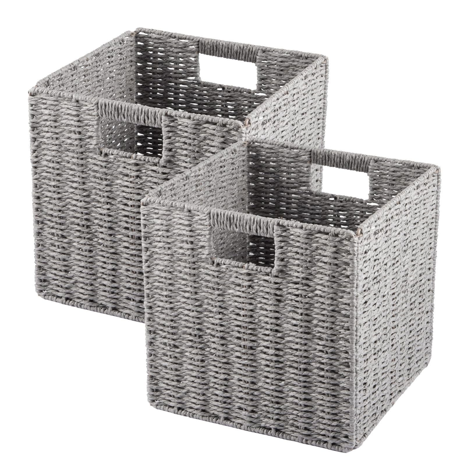 LN COZY CORNER 2-Pack Faux Wicker Storage Baskets with Handles Foldable Organizer Bins for Shelves, Cube Storage Home Decor Ideal for Toys Laundry & Closet Organization (Gray, M)