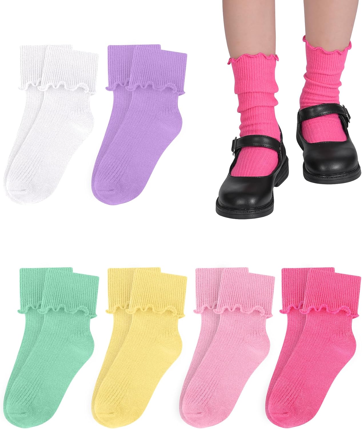 Witwot Ruffle Socks for Girls Kids Toddler Turn Cuff Dress School Uniform Sock