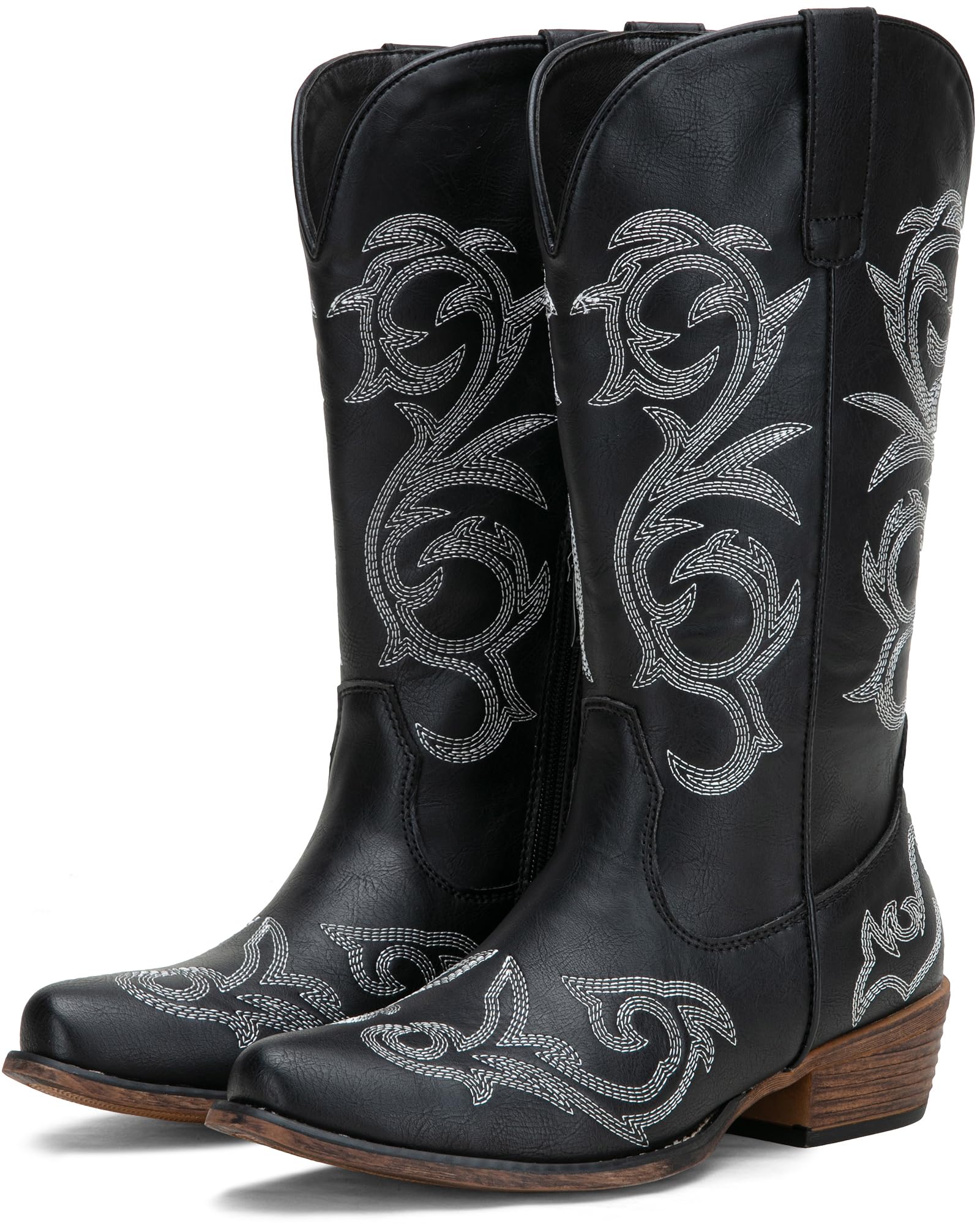 Jeossy Women's Cowboy Boots Wide Calf, Mid Calf Western Cowgirl Embroidered Low Chunky Heel, Side Zipper Round Toe, Botas Vaqueras for Walk Country