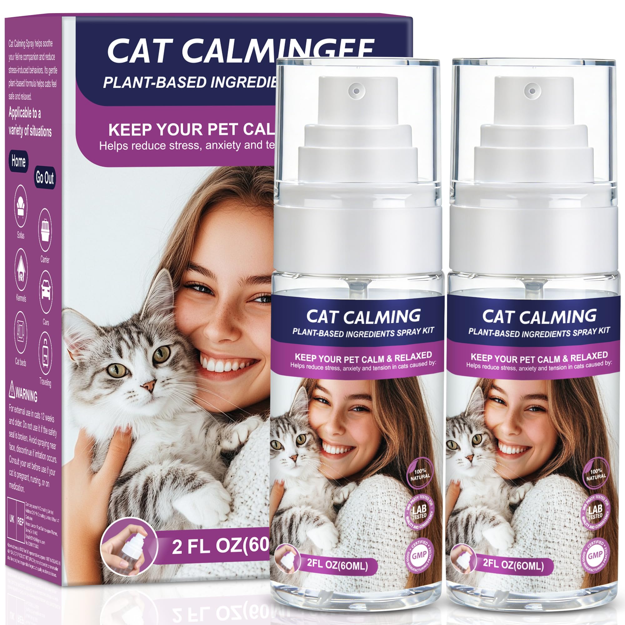 Cat Calming Spray, 60ml Drug-Free Cat Calming Pheromones Spray, Anxiety Relief and Reduces Stress During Travel, Relieve Anxiety and Soothe Multi-Cat, 100% Safe & Effective Formula for Cats (2 Pcs)