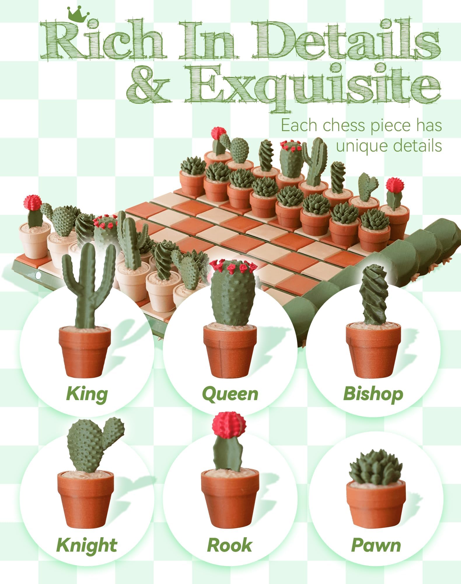 CactiChess - Juego de ajedrez Enrollable con Cactus, Juego de ajedrez con 32 Piezas Impresas en 3D, Tablero de ajedrez magnético Plegable, reuniones Familiares y de Pareja (1pcs)
