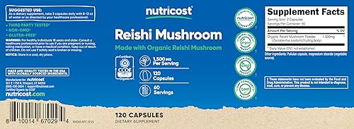 Miniatura 6 de Nutricost Cápsulas de hongos Reishi de 1500 mg, 60 porciones – Certificado CCOF fabricado con hongo Reishi orgánico, vegetariano, sin gluten, 750 mg