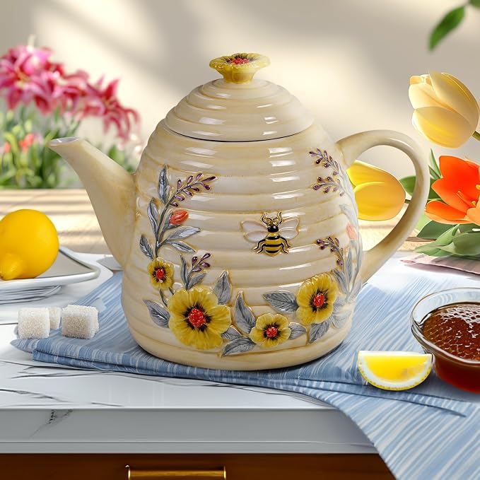Bee Sweet 32 oz. 3-D Beehive Teapot Ceramic,Multi Colored