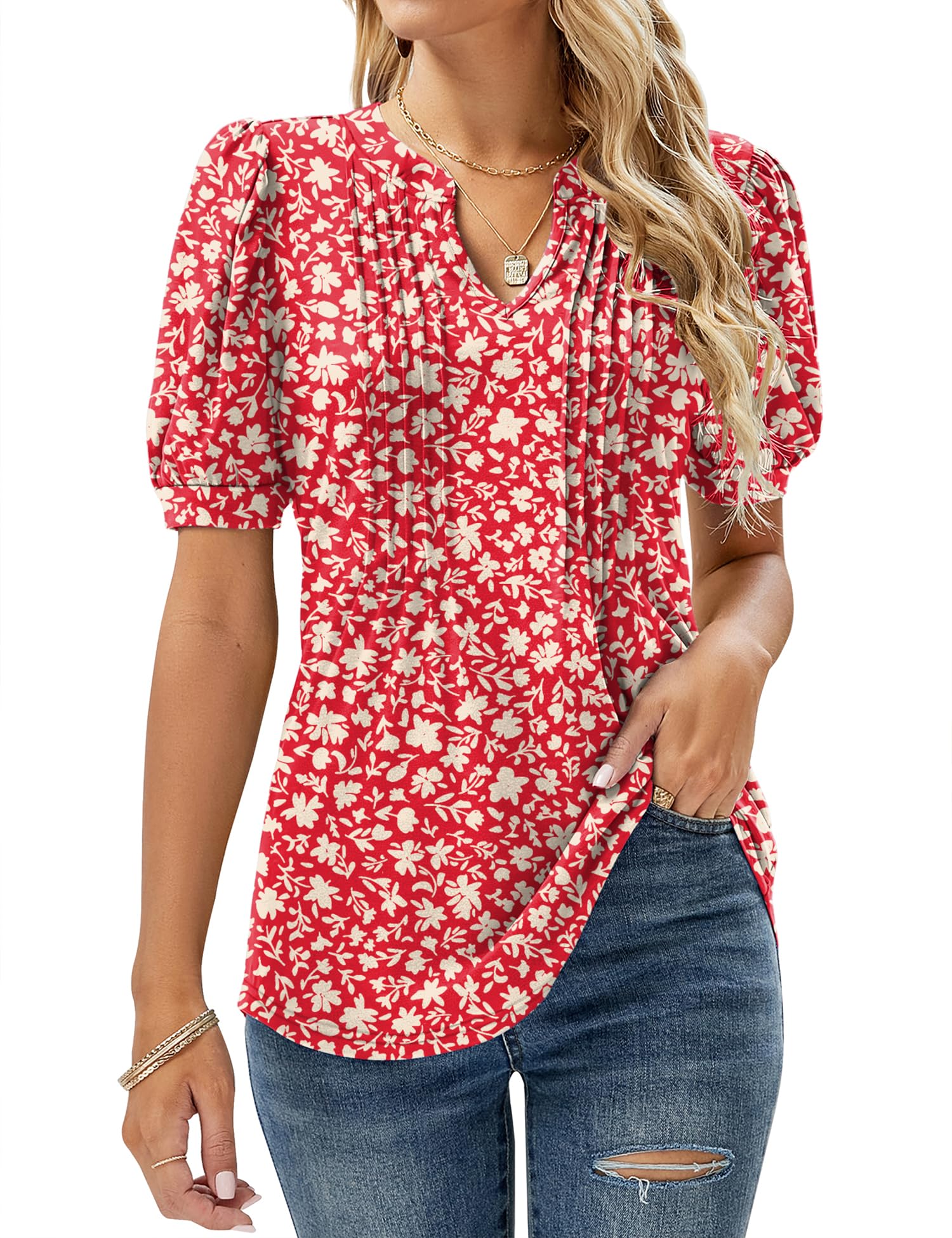 Womens V Neck Tops Puff Short Sleeve T-Shirt Pleated Floral Printed Tunic Blouse Shirts — view 18