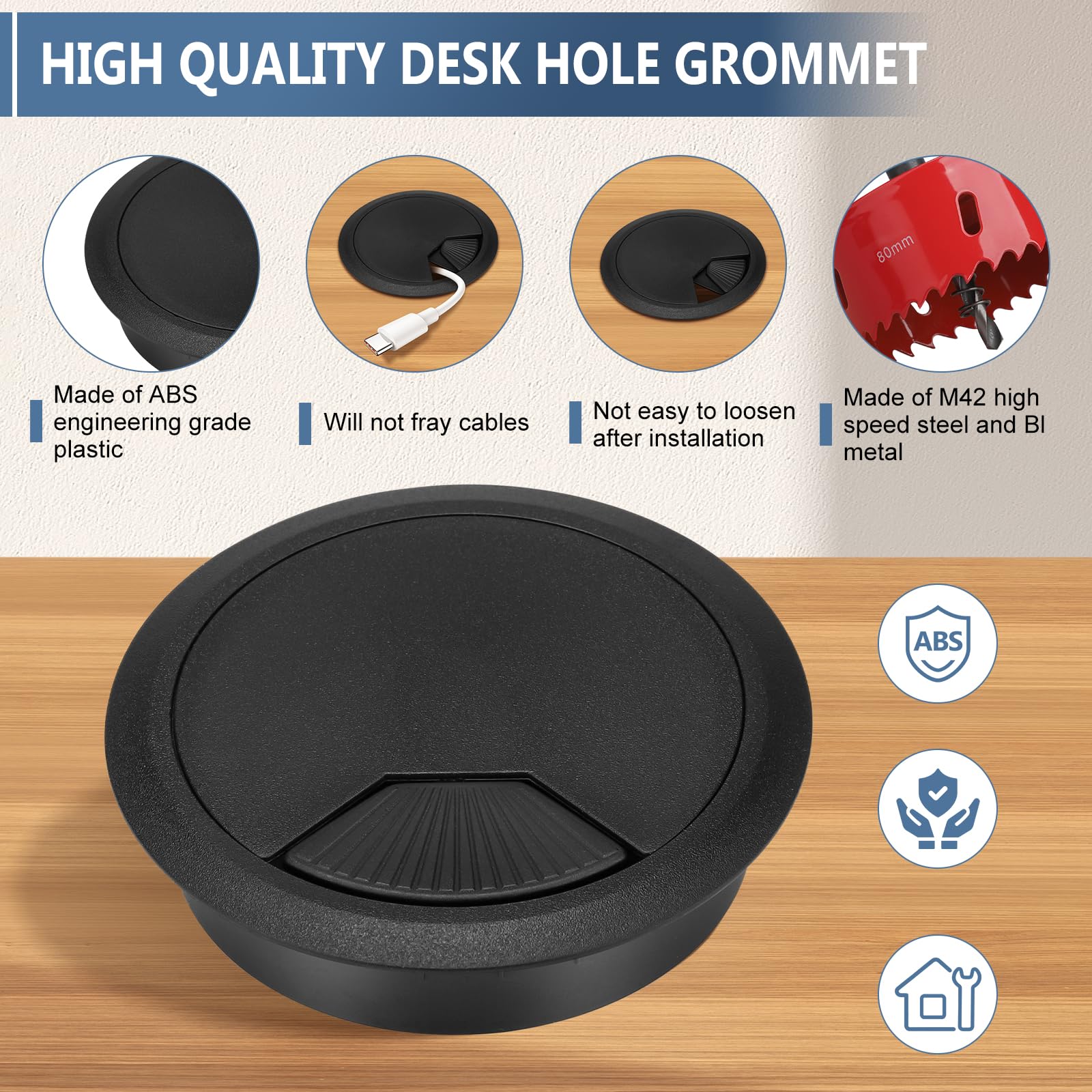 8 PCS Desk Grommet 80 mm, Round Plastic Desk Cable Grommet with Metal Hole Saw - Image 3