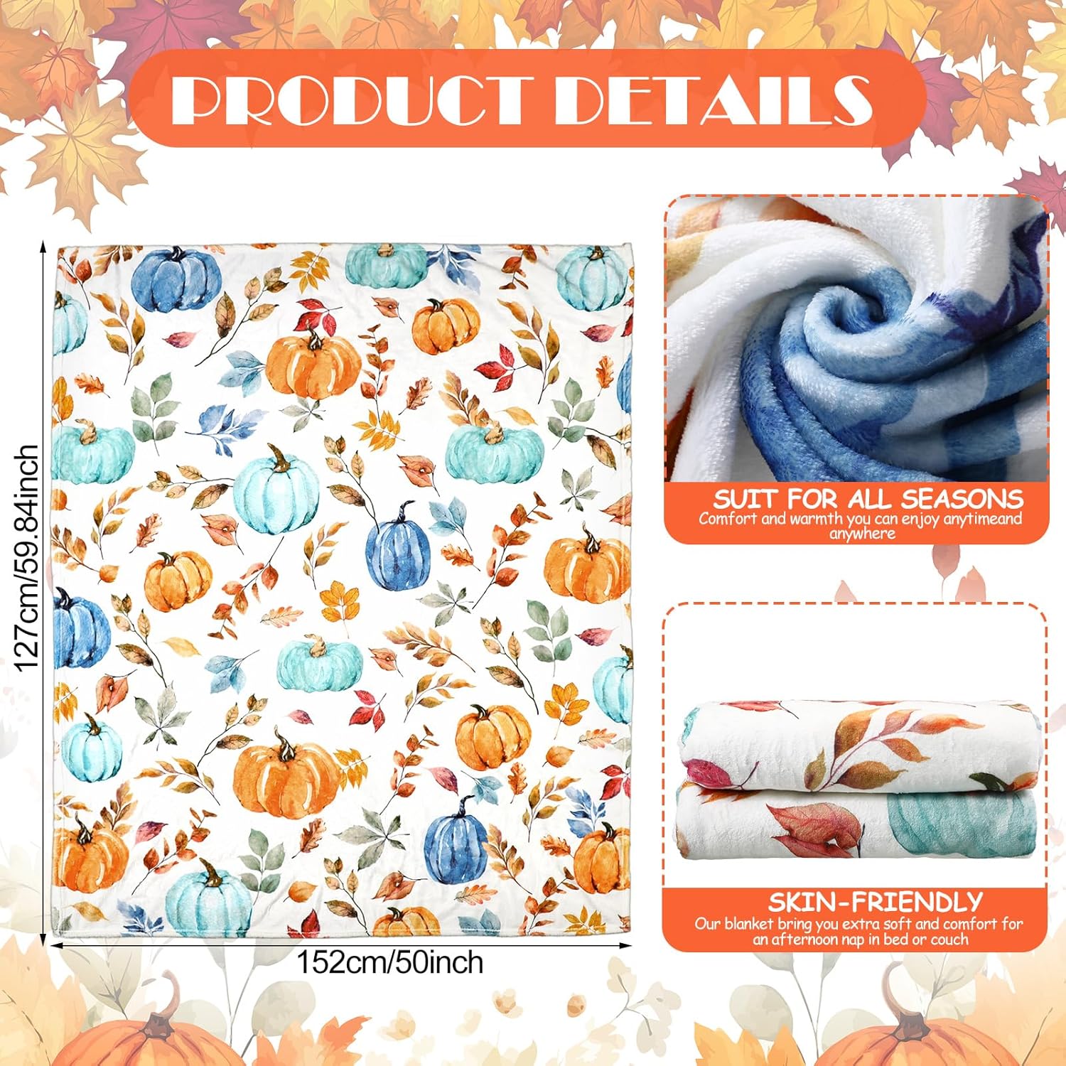 Tudomro Fall Pumpkin Throw Blanket Watercolor Leaves Plush Flannel Blanket Soft Fall Harvest Cozy Throw for Home Couch Bed Sofa Thanksgiving Holiday Decorations, 50 x 60 Inches(Orange and Blue) - Image 2