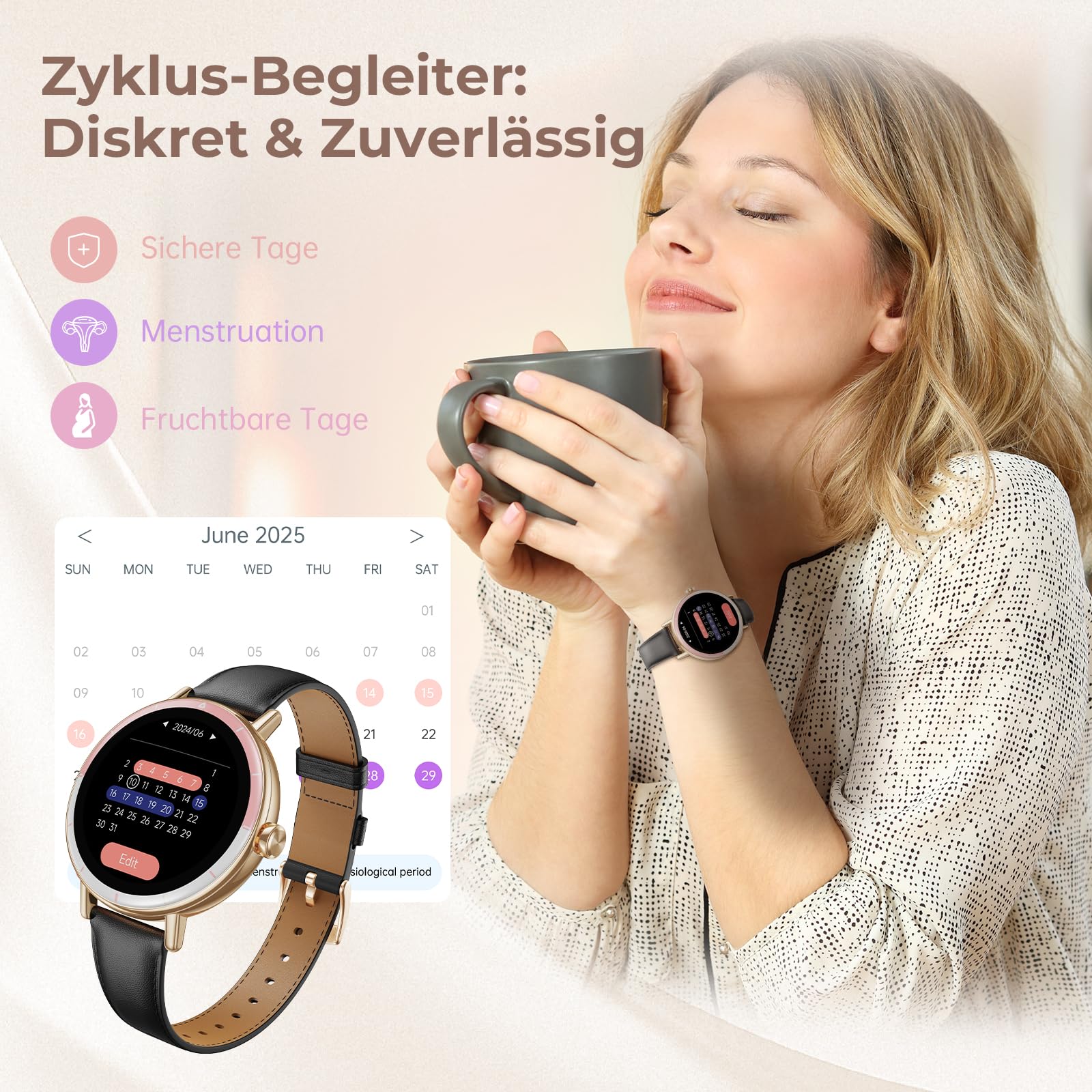 Smartwatch Damen, 1,27 HD Screen Rund Klein Armbanduhr mit Telefonfunktion/Menstruationszyklus/SpO2/Pulsuhr/Schlafmonitor/Schrittzähler/IP68/100+ Sport Fitnessuhr für Android iOS, Gold Schwarz