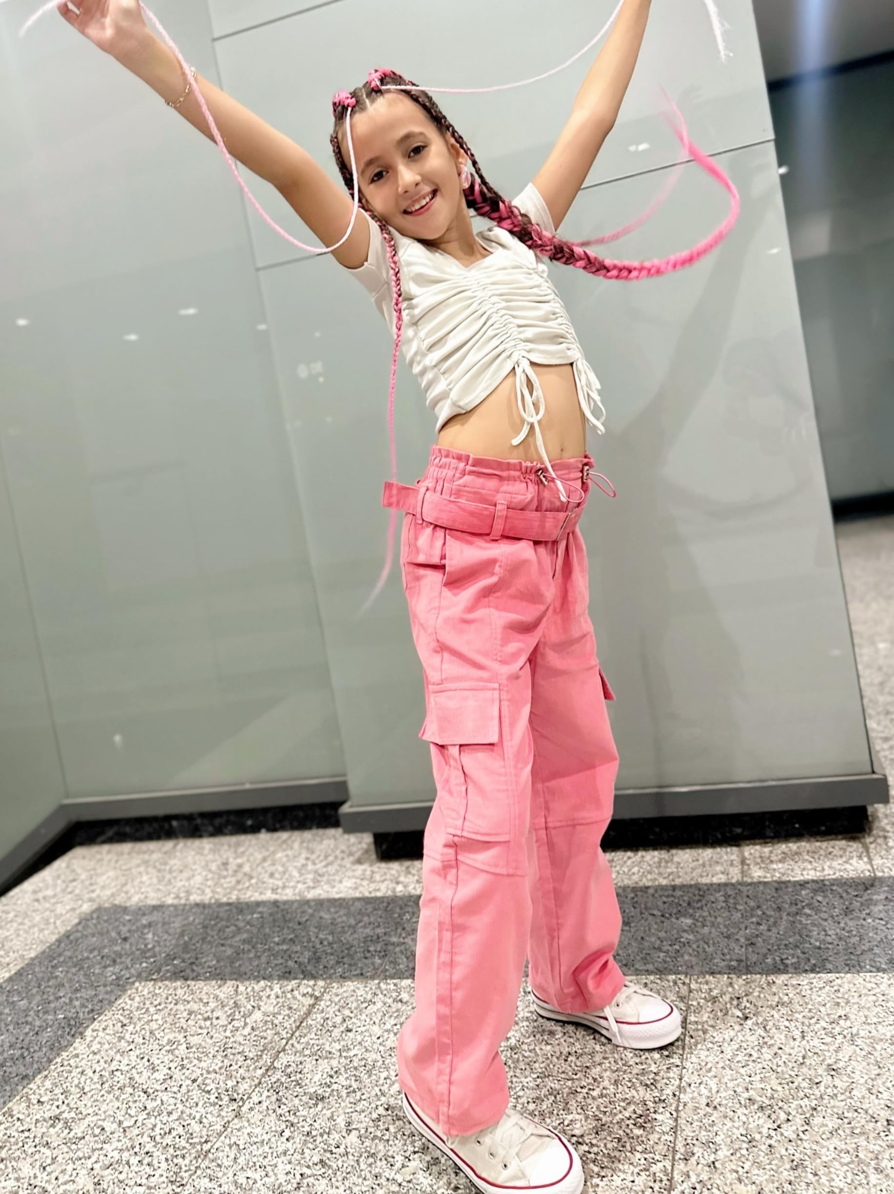 Pantalones de Carga para Niñas con Cinturón Ajustable Elástico de Cintura Alta Corduroy Joggers Niños Hip Hop Danza