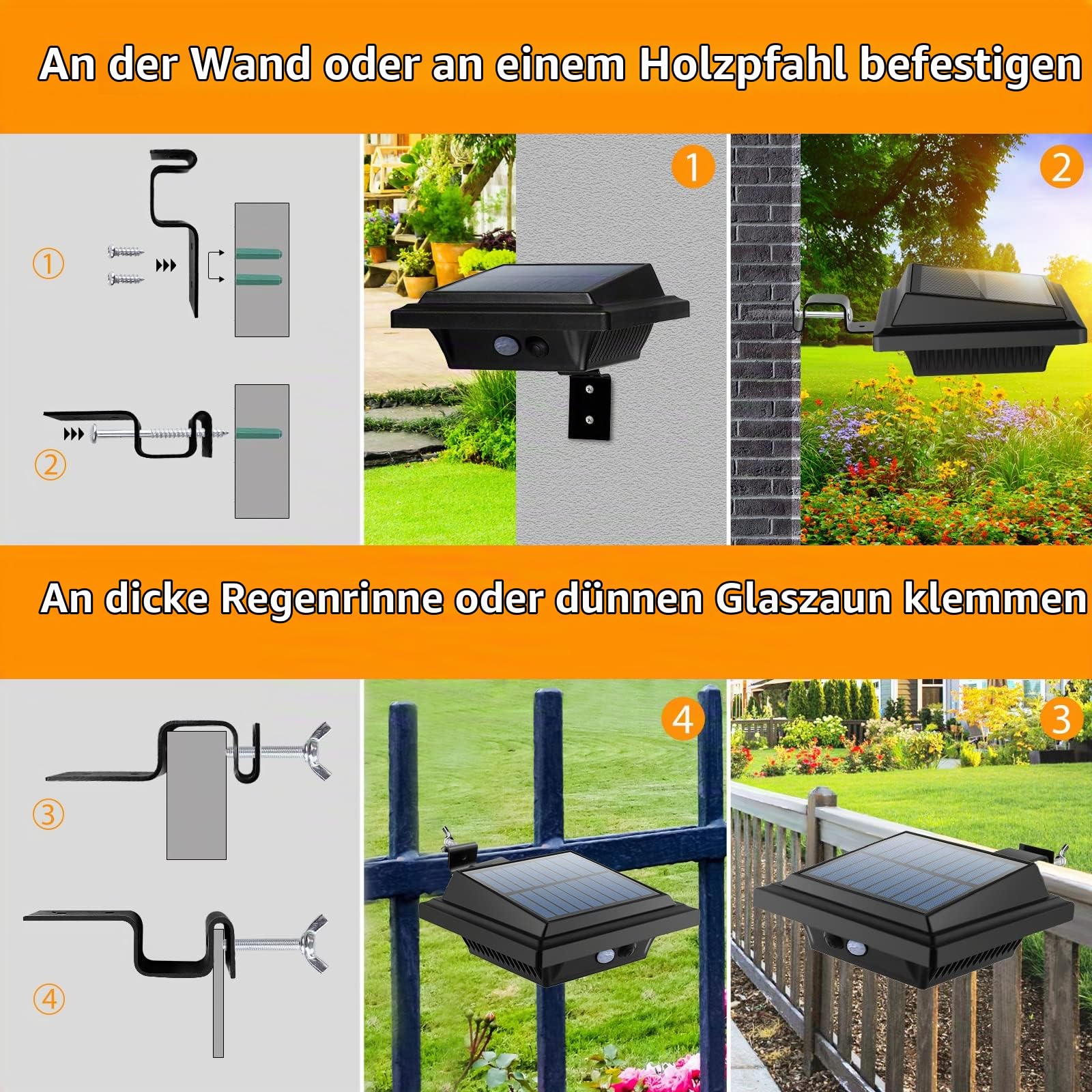Dachrinne Solarleuchte mit Bewegungsmelder 40 LEDs Solarlampen für Außen | Schwarz Gartenbeleuchtung Warmweißes Solarlicht, 3W PIR Sicherheitswandleuchte Außenlampe für Garage